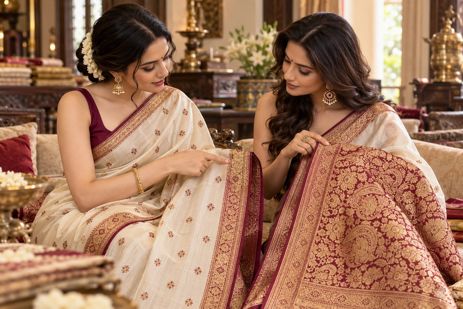 Two women comparing the woven borders of an ivory saree and a red brocade saree side by side