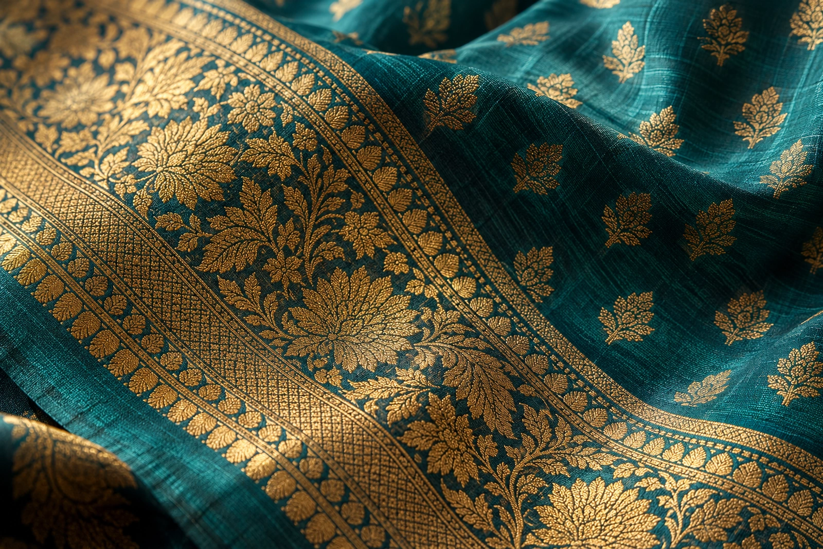 Close-up of gold zari floral motifs and a broad woven border on a teal silk saree