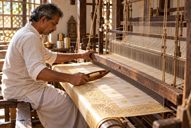 A weaver holding a wooden shuttle beside newly woven ivory-and-gold cloth, the reed and warp close in front of him.