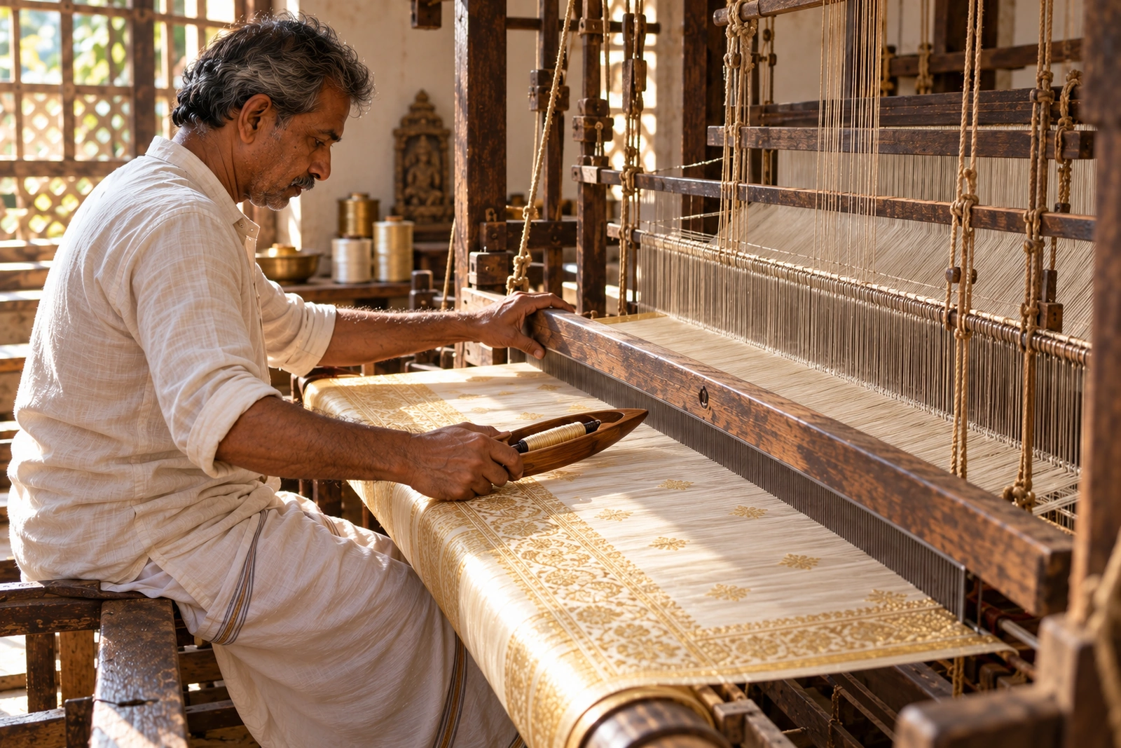 A weaver passing the shuttle at a wooden handloom, an ivory and gold saree taking shape