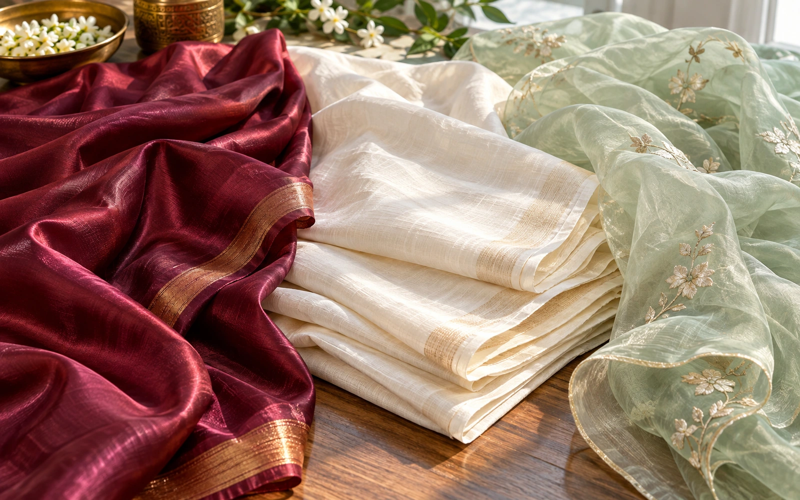 Editorial photograph illustrating fine saree fabrics and silk textiles