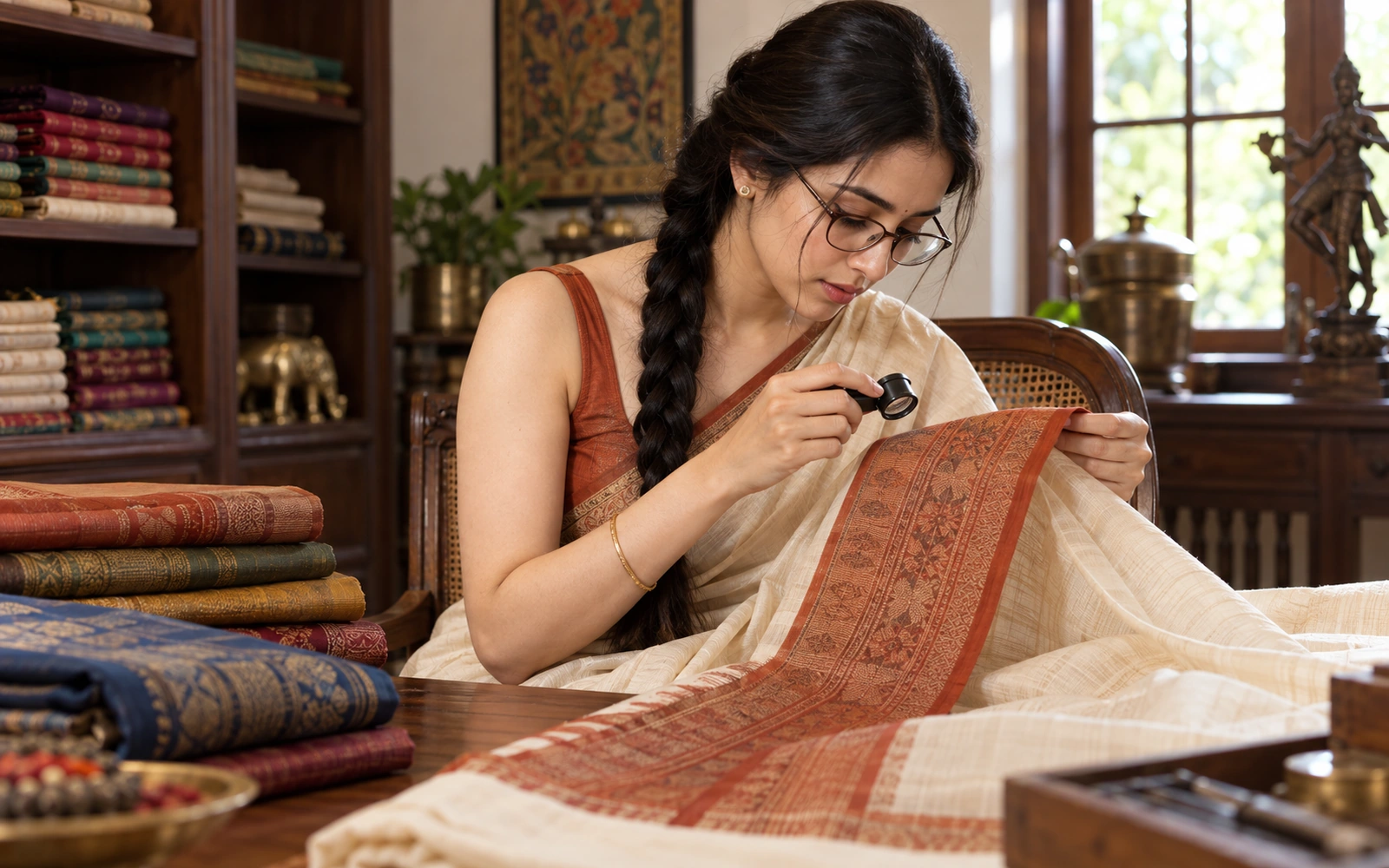 Saree enthusiast exploring textile samples and terminology