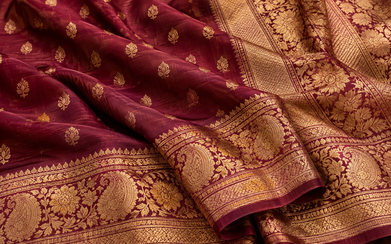 Editorial photograph illustrating woven motifs and craftsmanship on a saree