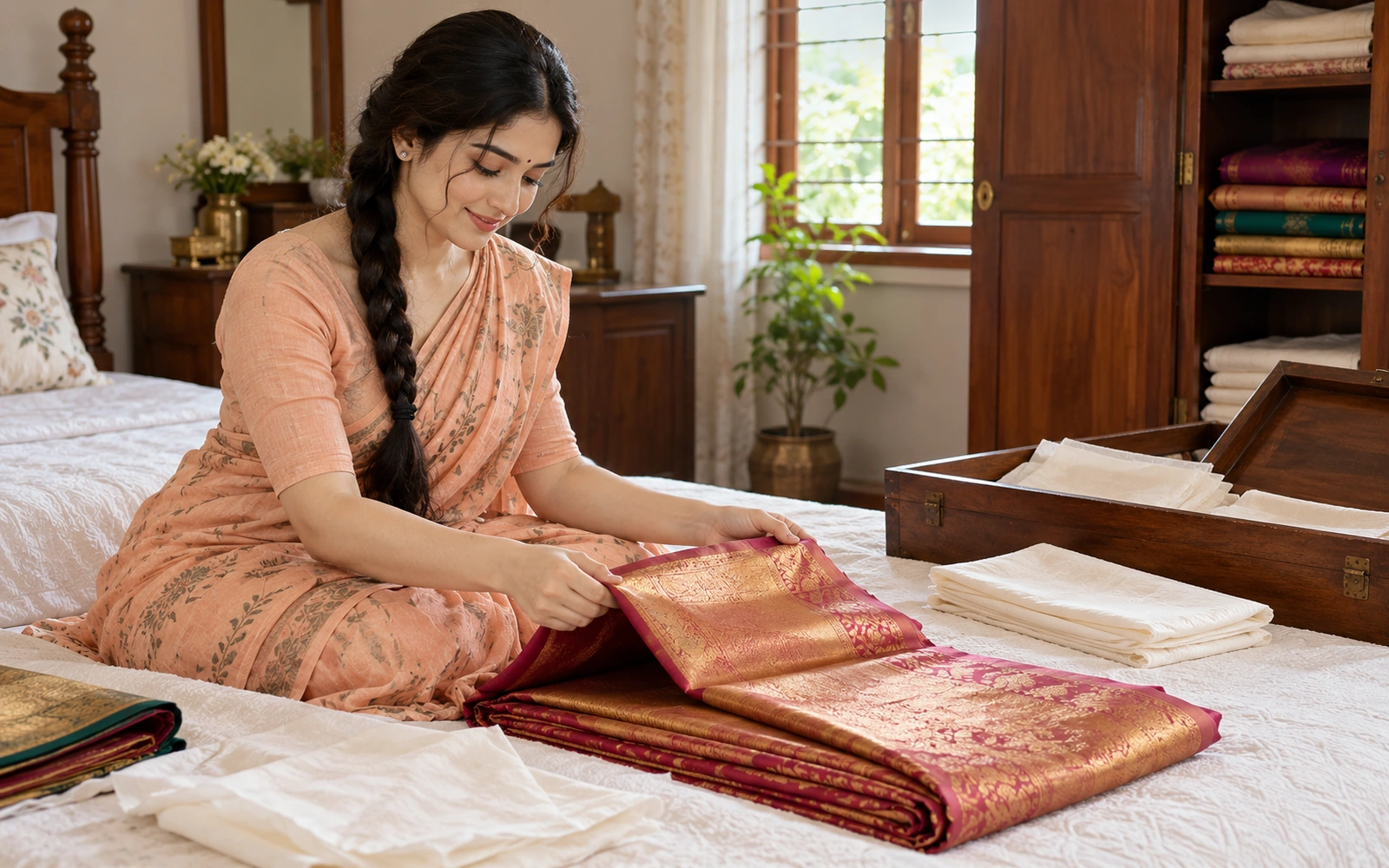 Woman carefully folding and storing a precious silk saree at home