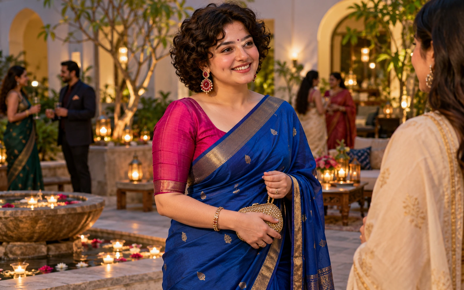Elegantly dressed women in occasion sarees at a celebration
