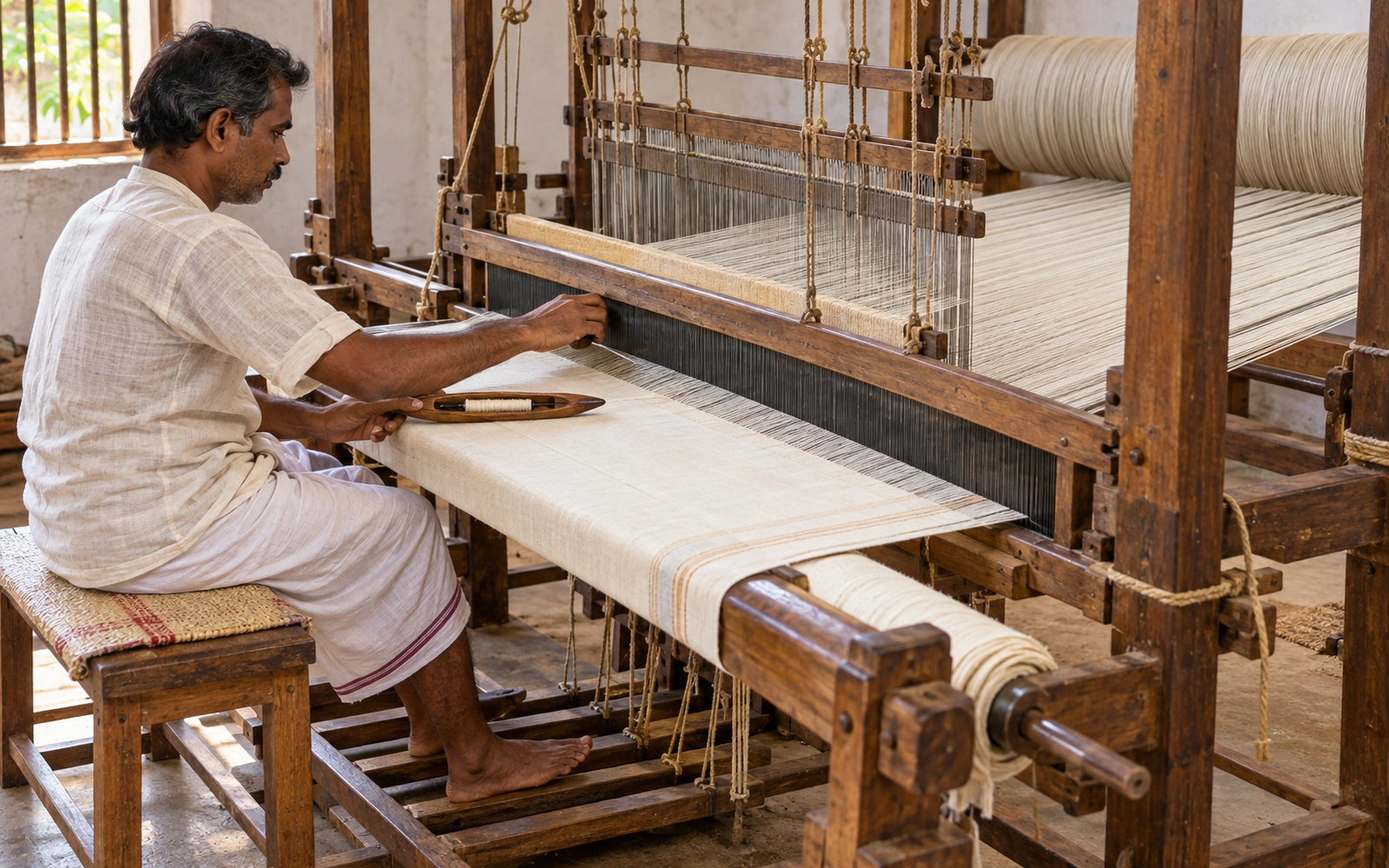 Illustrative view of a hand-operated loom and weaver