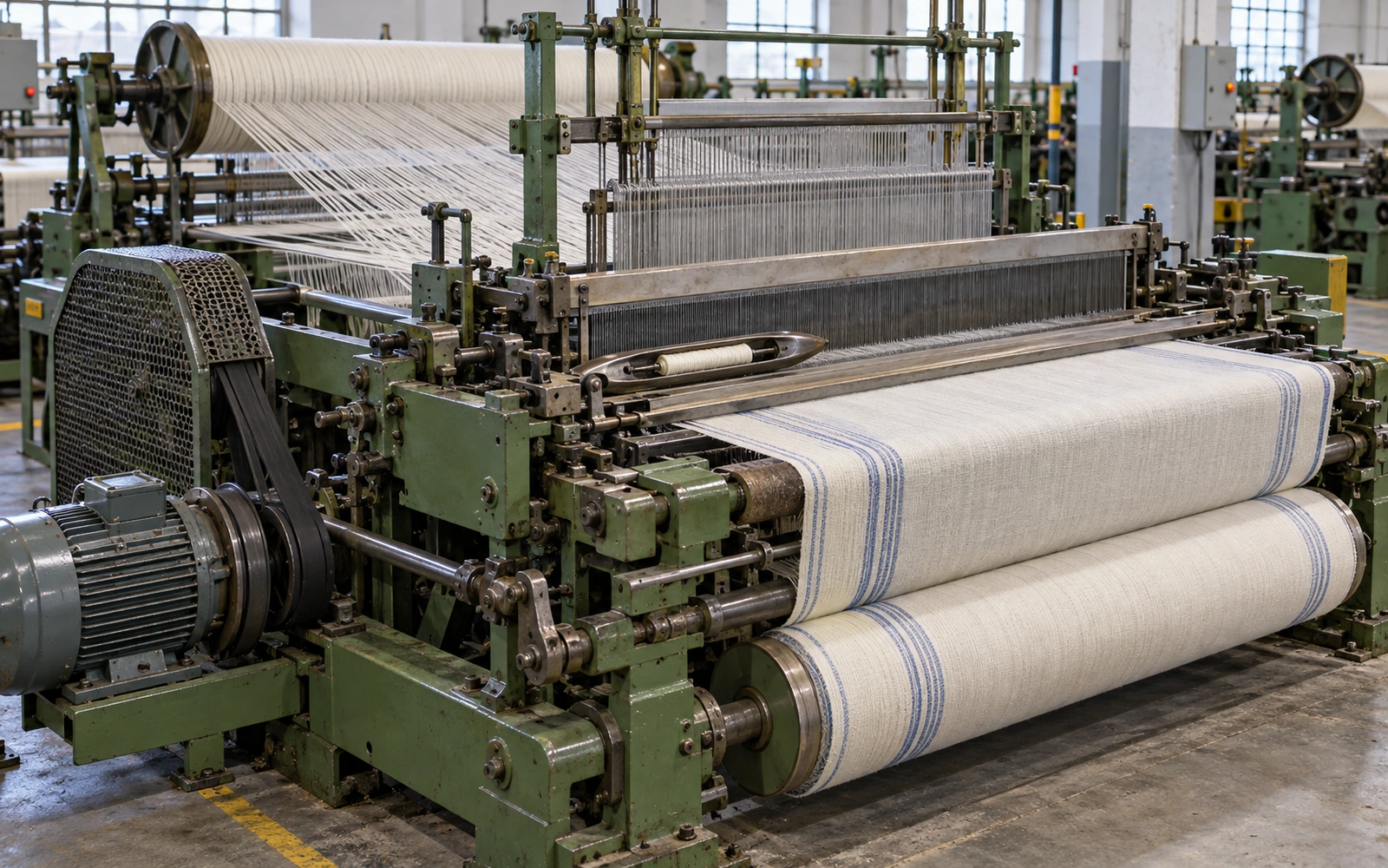 Illustrative motor-driven powerloom with mechanical drive components