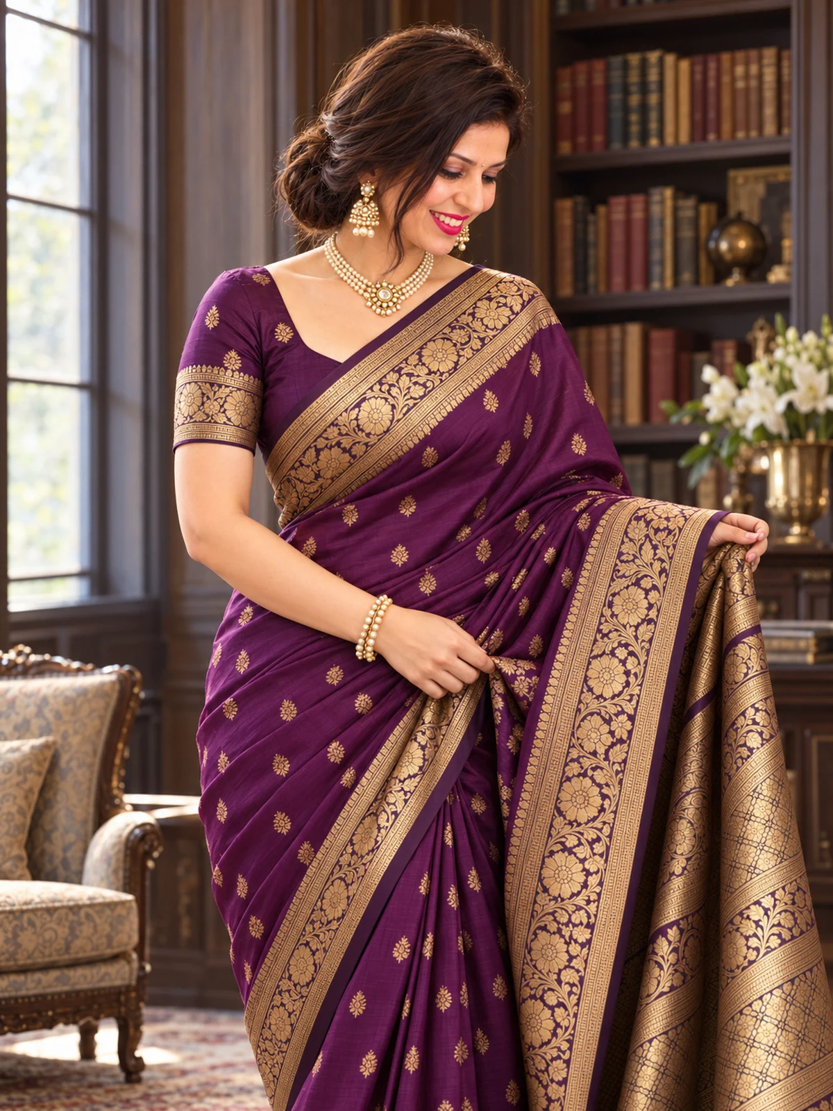 A woman in an aubergine Banarasi silk saree with antique-gold floral borders, smiling down at its pallu