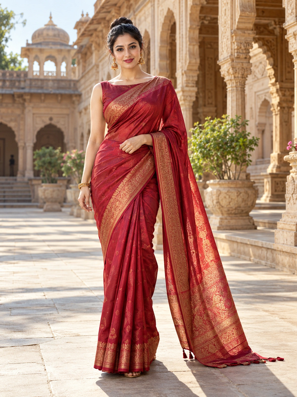 A woman in a crimson saree standing front-on in a sandstone courtyard