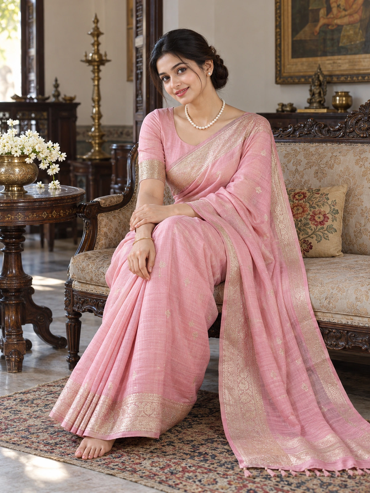 A woman in a blush-pink saree seated on a vintage upholstered settee