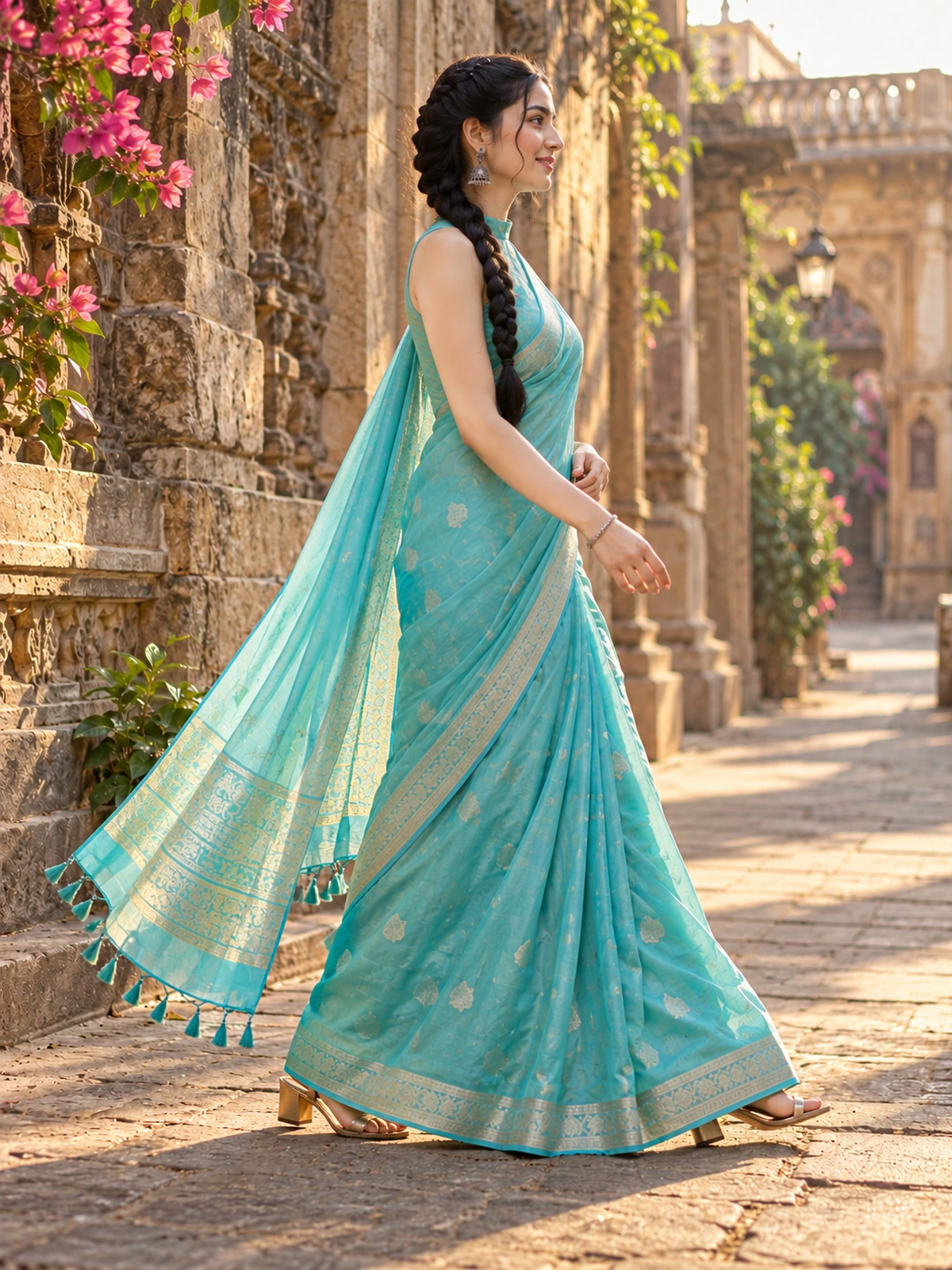 A woman in an aqua saree walking in side profile down a heritage lane