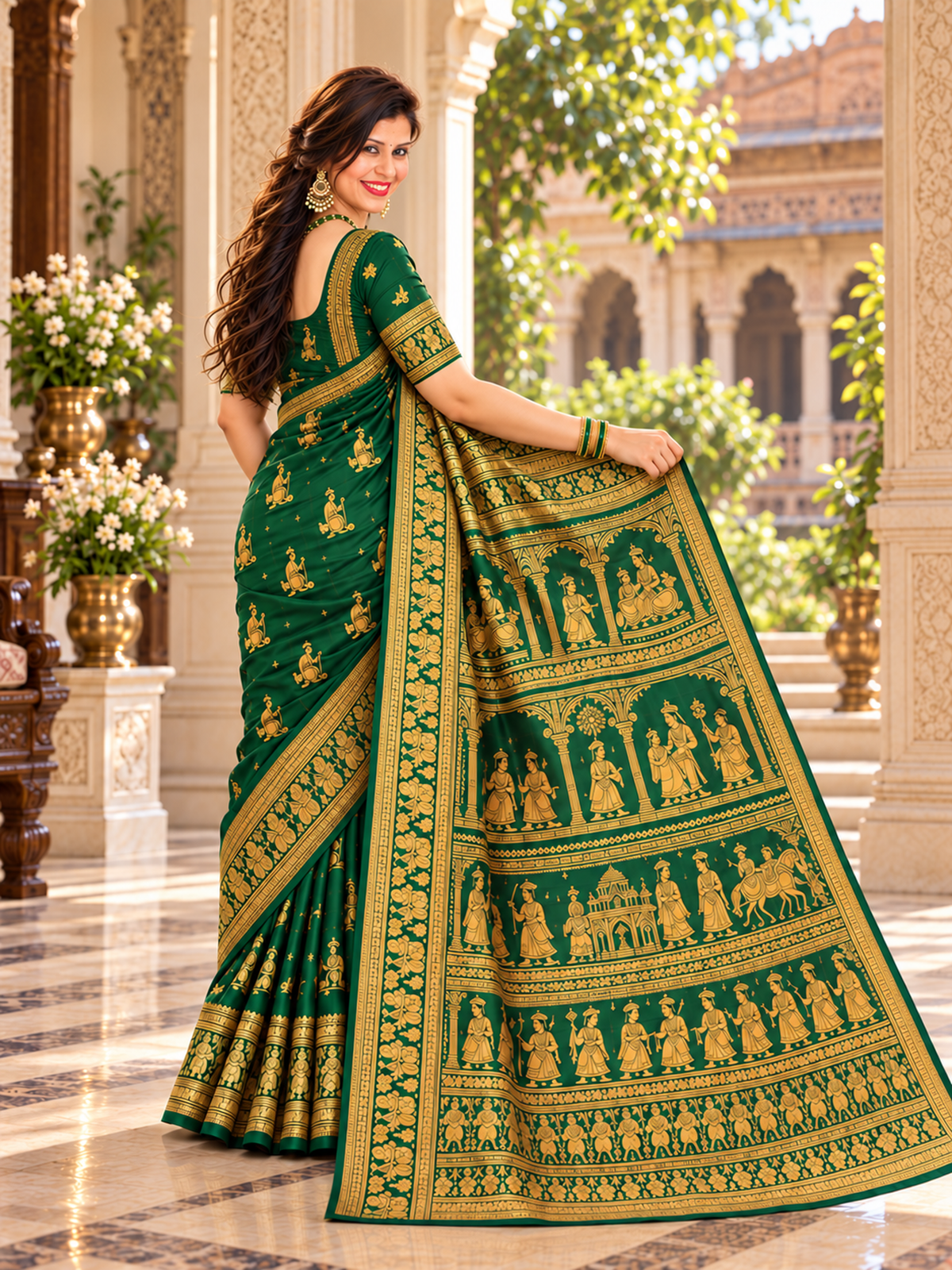 A woman in a deep emerald saree looking back over her shoulder as she holds out its gold narrative pallu
