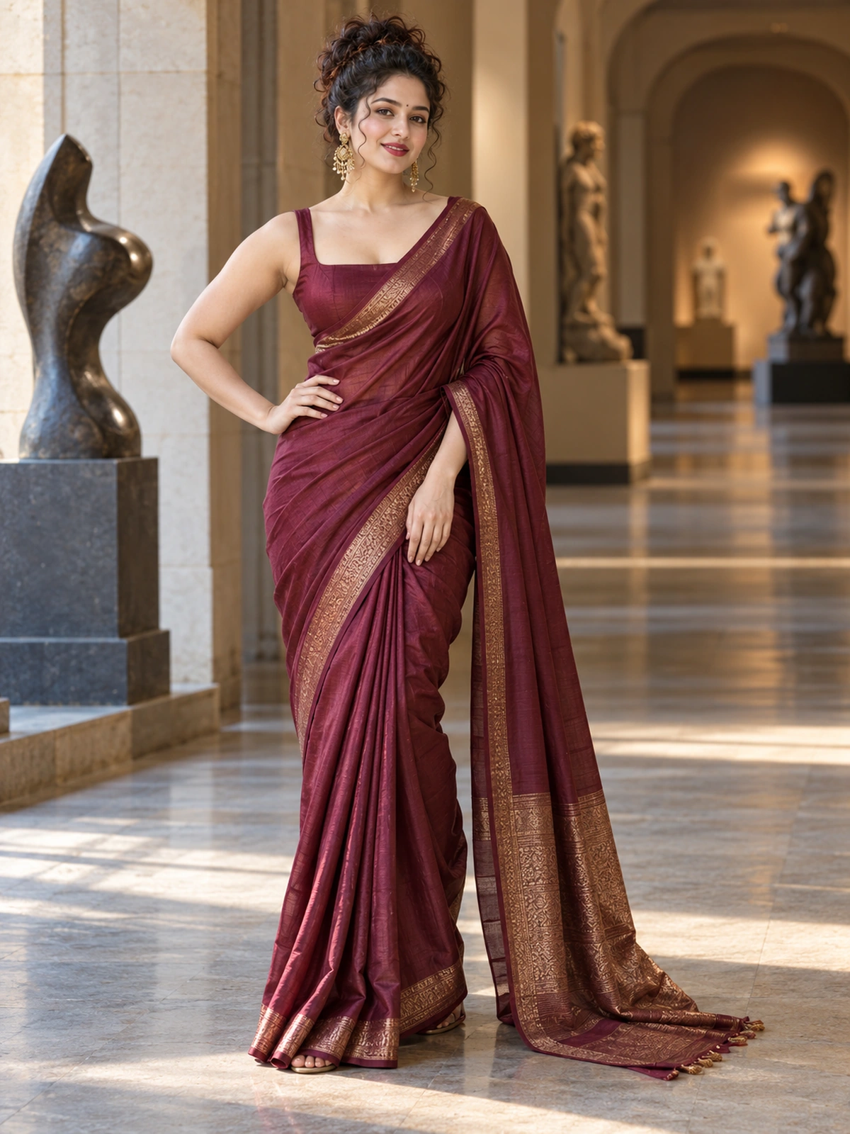 A woman in a deep wine saree standing with one hand on her waist in a gallery corridor