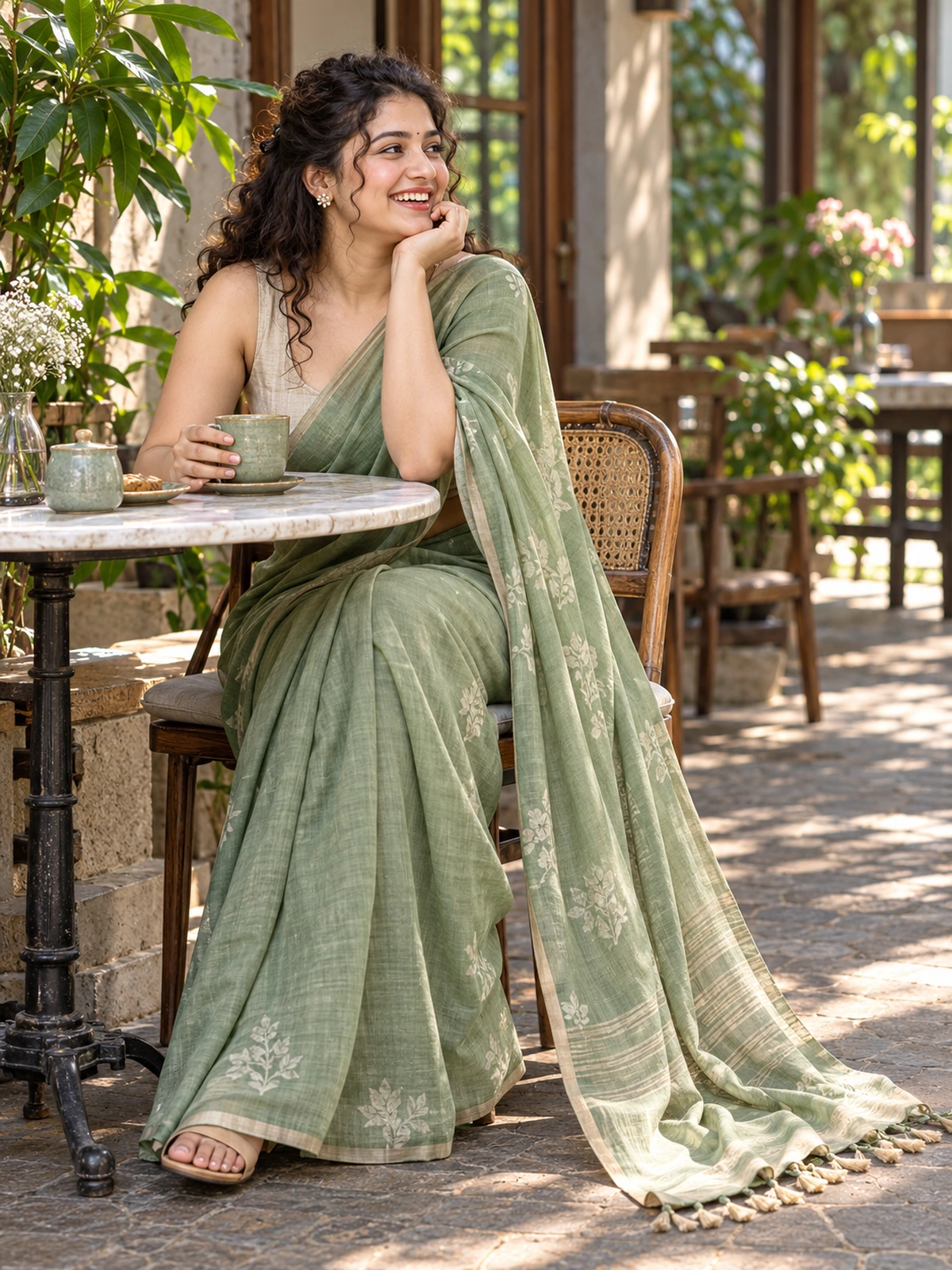 A woman in a sage-green cotton saree laughing at a café table