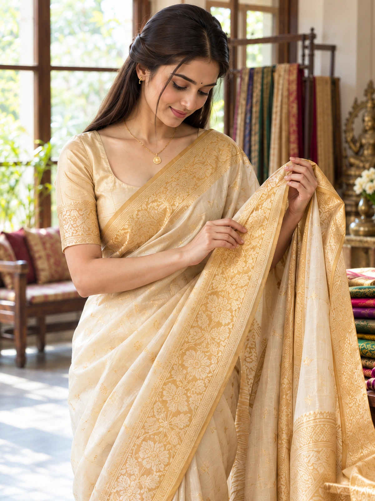 A woman in an ivory and gold saree looking down at the border she is holding