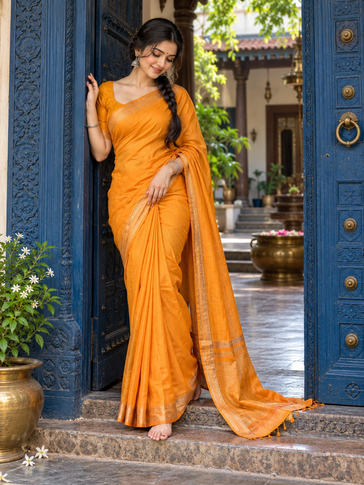 A woman in a saffron saree leaning against a carved blue doorway