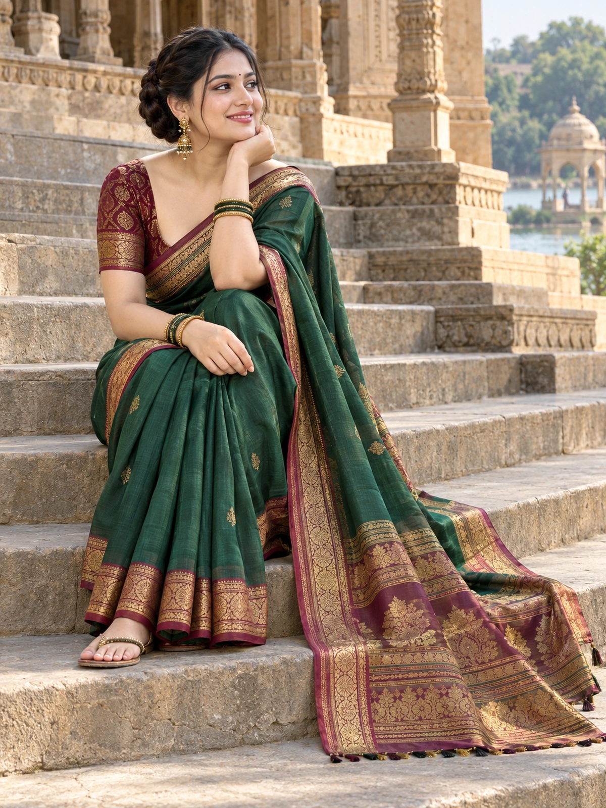 A woman in a forest-green saree seated on broad sandstone steps, chin resting on her hand