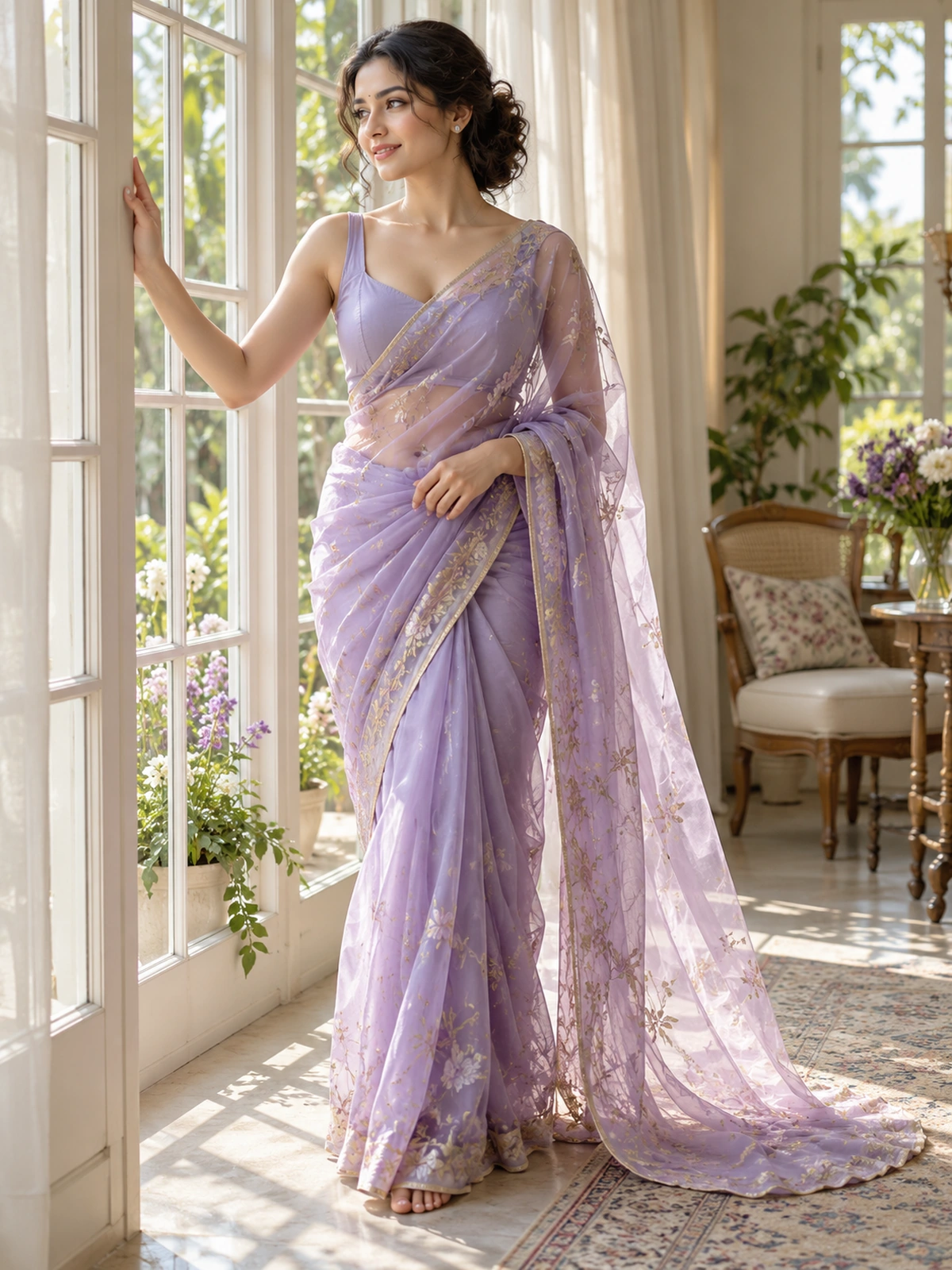 A woman in a lavender organza saree standing by a sunlit window