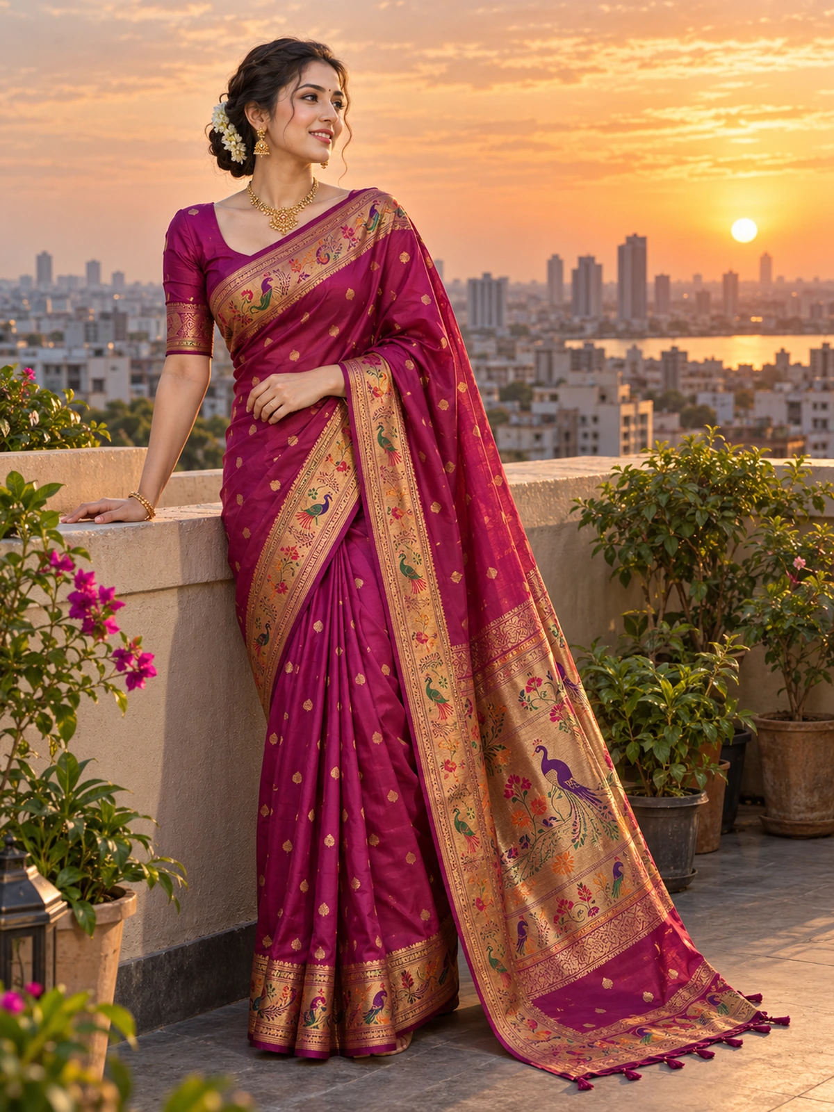 A woman in a magenta saree with a peacock pallu on a terrace at sunset