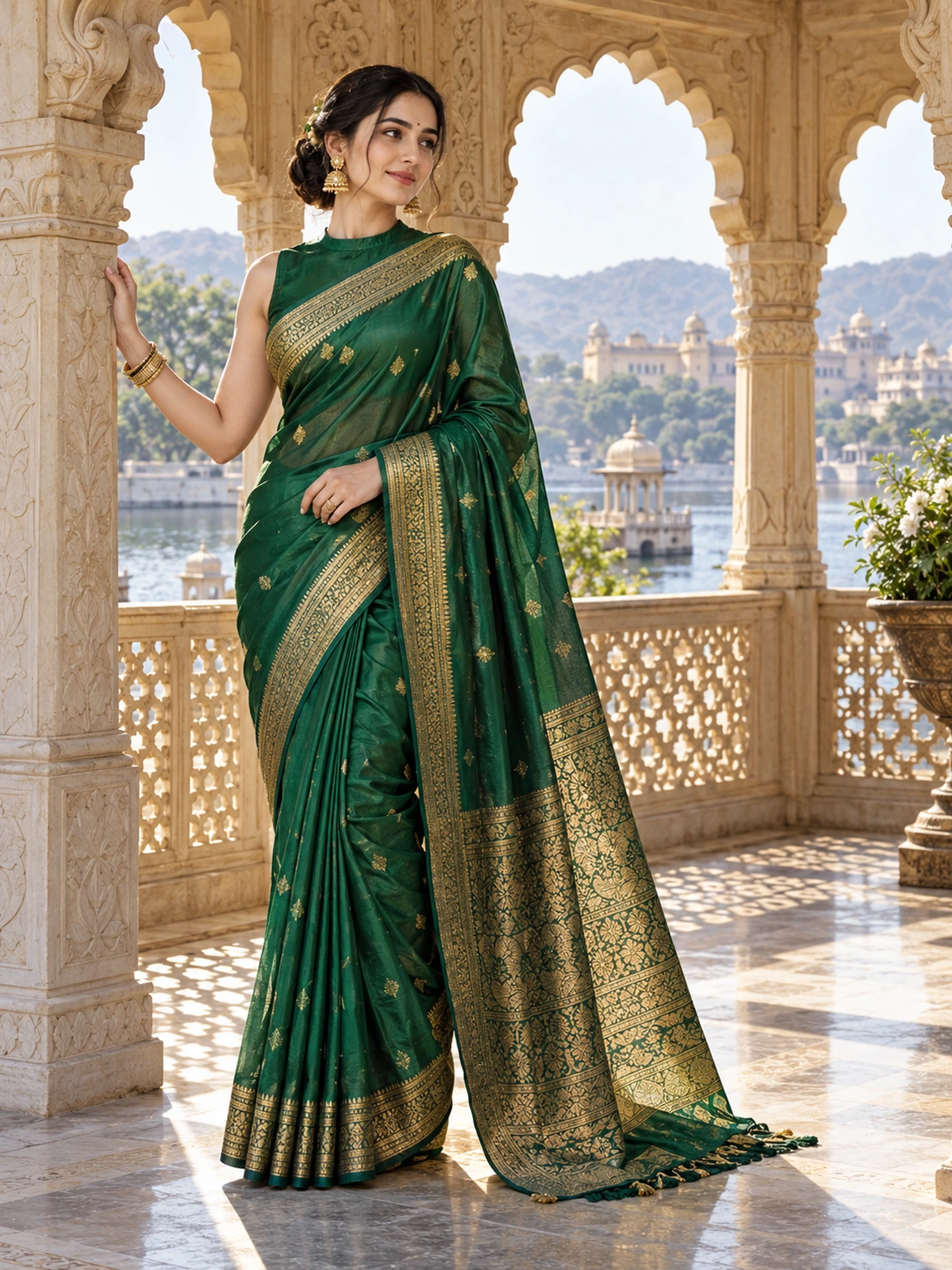 A woman in an emerald saree standing beneath a carved stone archway