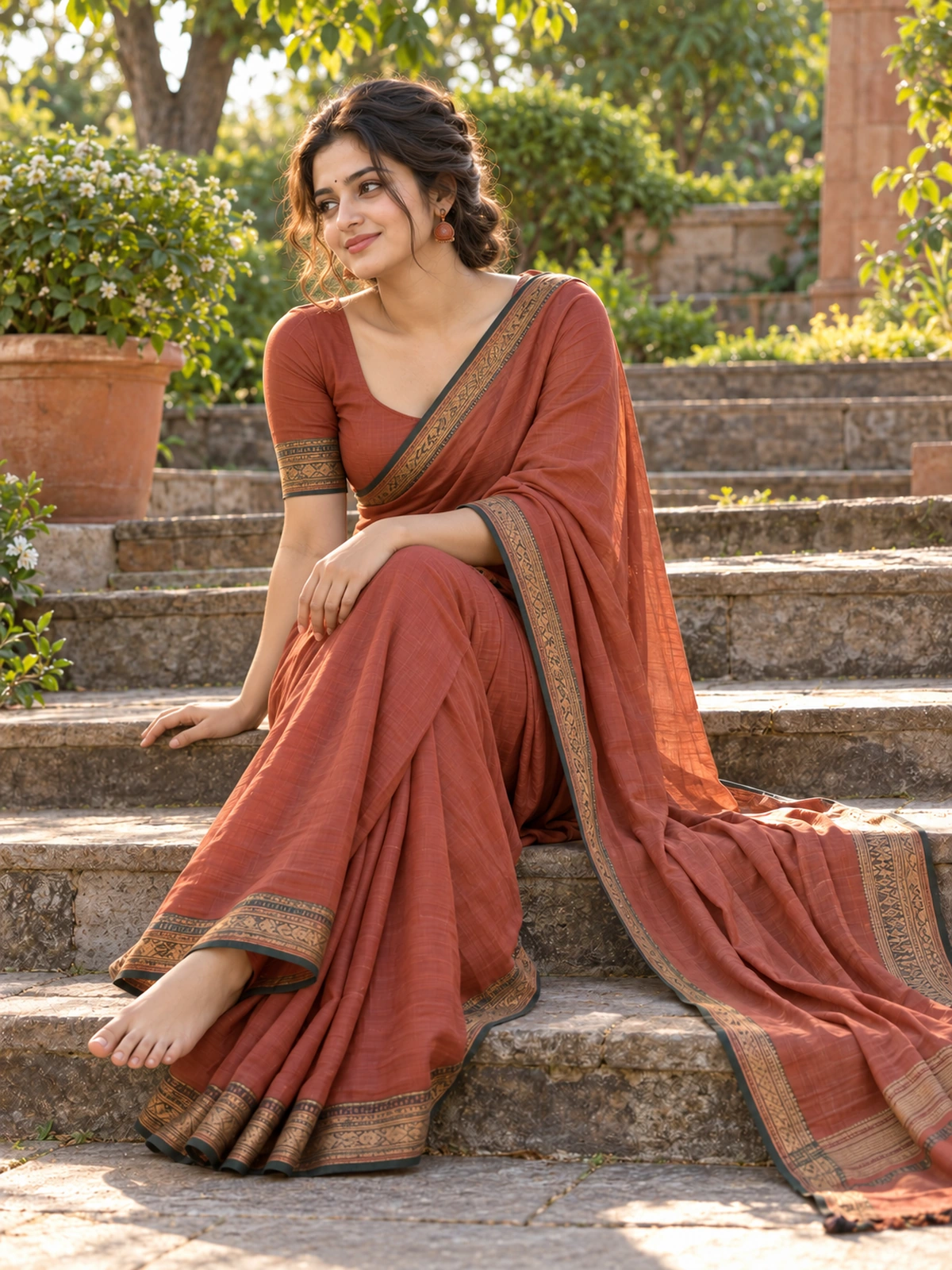 A woman in a terracotta saree seated on stone garden steps
