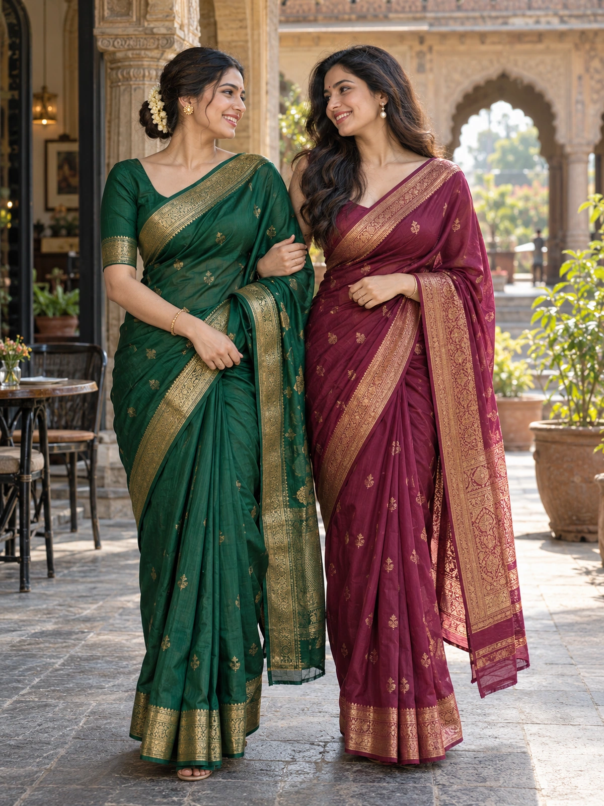 Two women in emerald and wine sarees standing arm in arm beneath an arch
