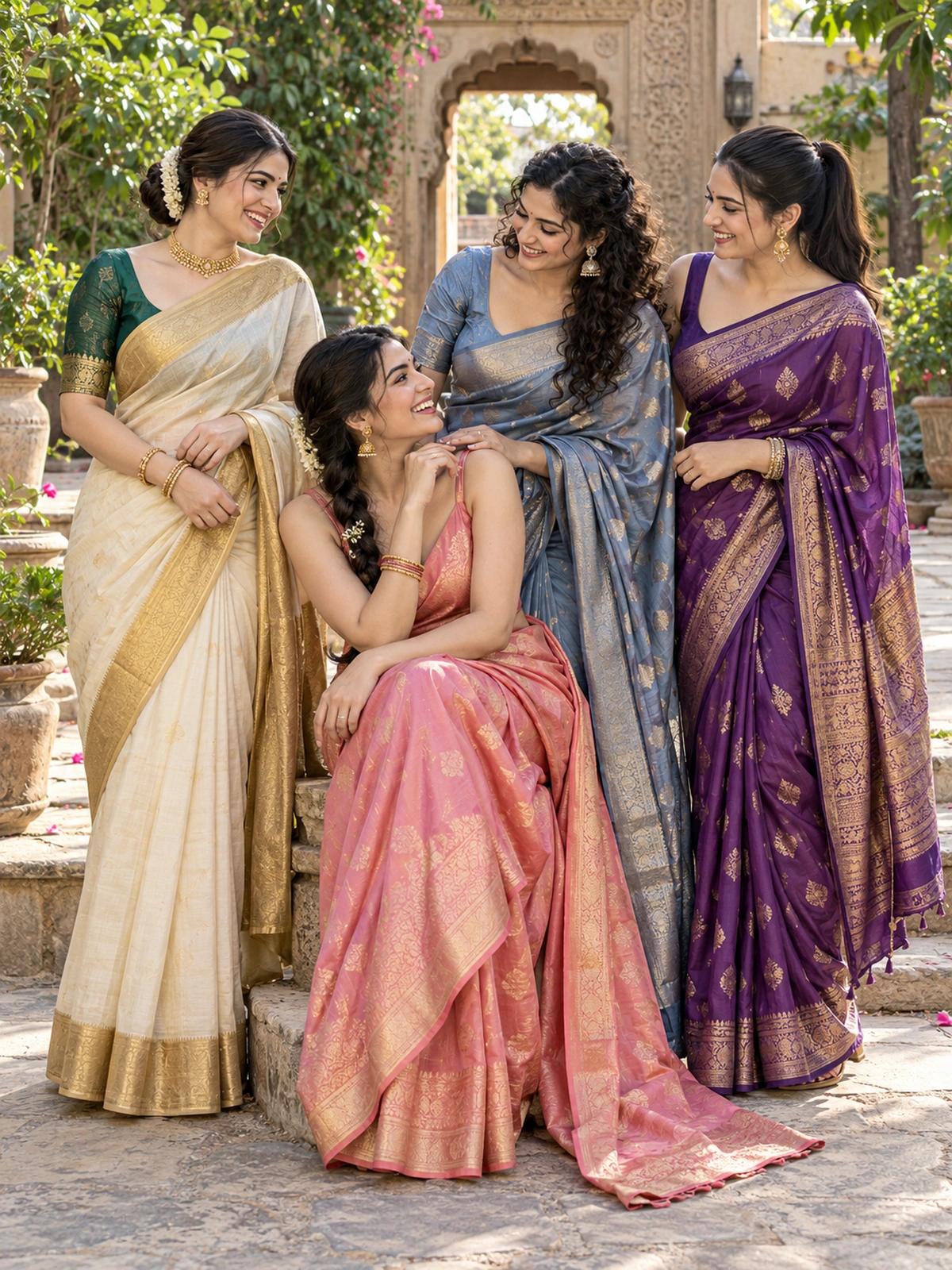Four women in ivory, pink, slate-blue and purple sarees arranged in a group in a heritage courtyard