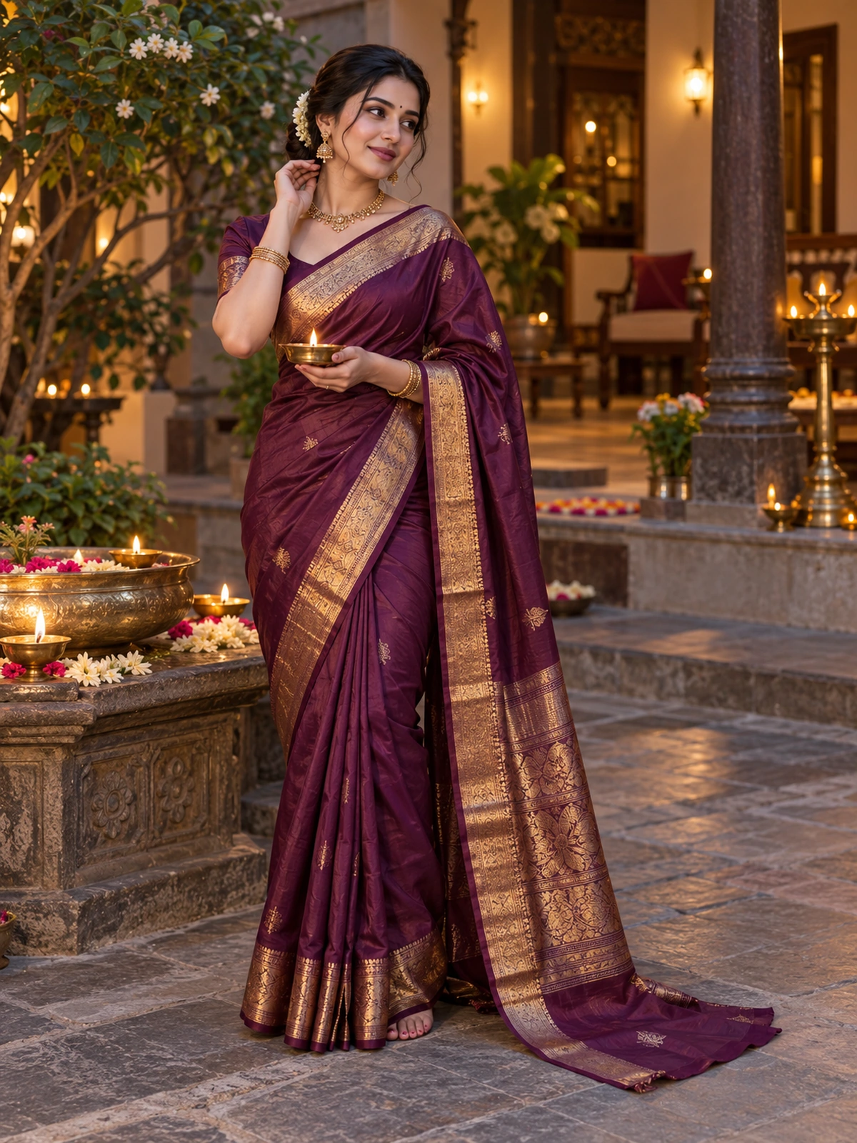 A woman in a plum saree holding a lit lamp in an old courtyard at dusk