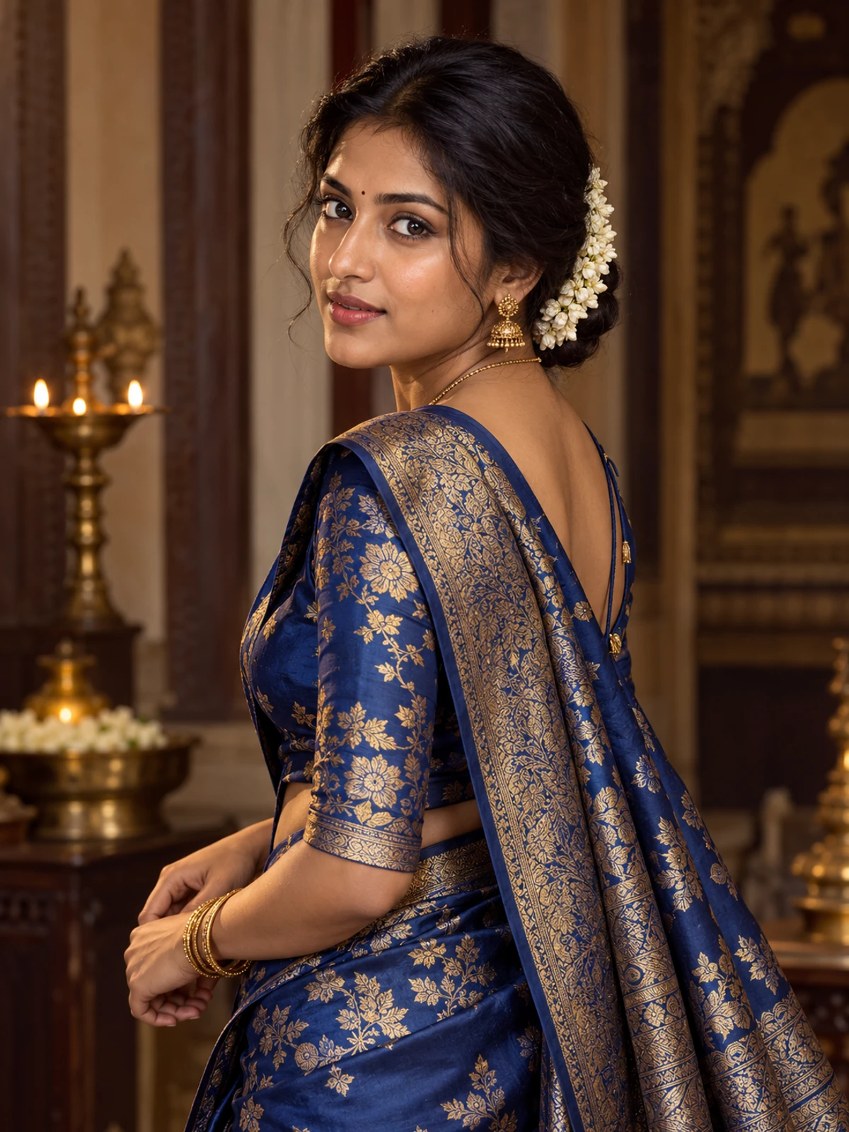 A woman in a navy and gold brocade saree looking back over her shoulder in a lamplit room