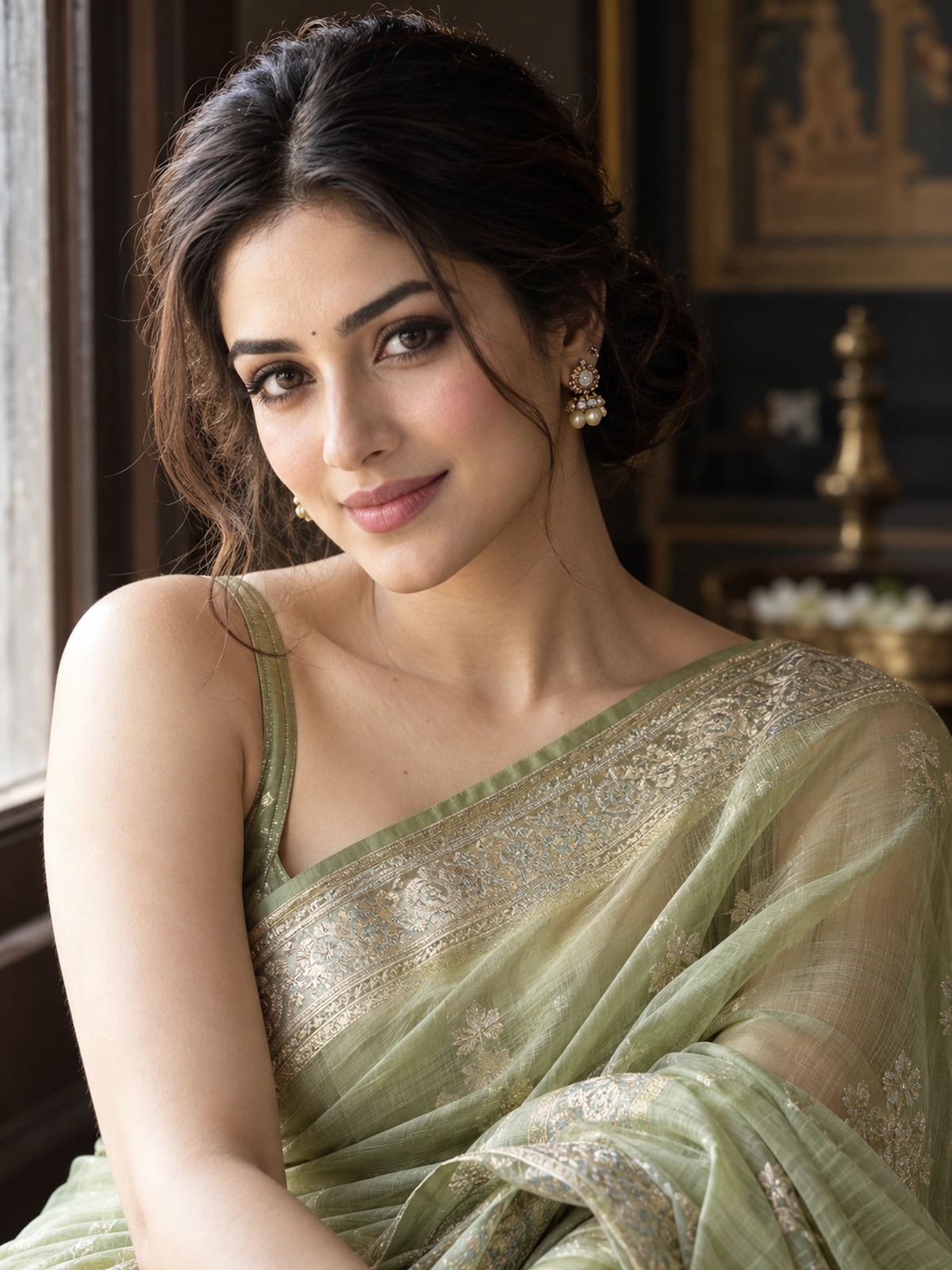 A woman in a sheer sage-green saree smiling softly by a window