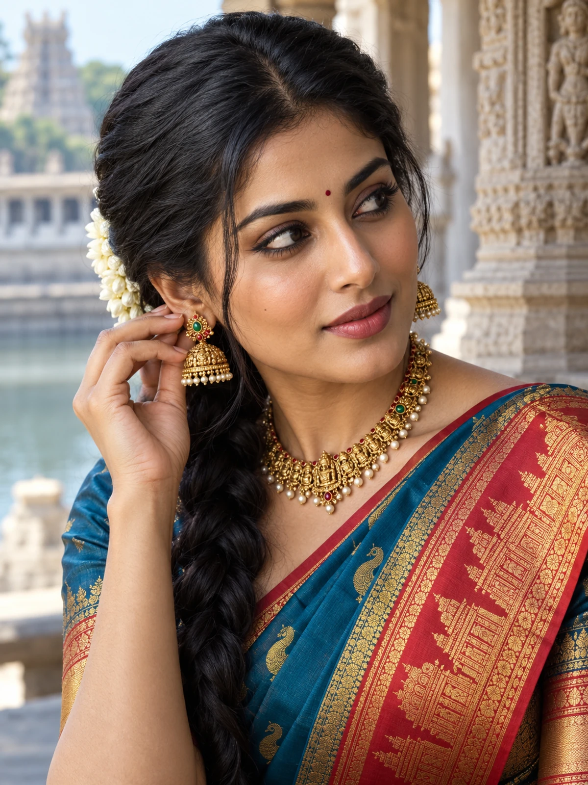 A woman in a blue saree with a red temple border touching her earring and glancing to the side