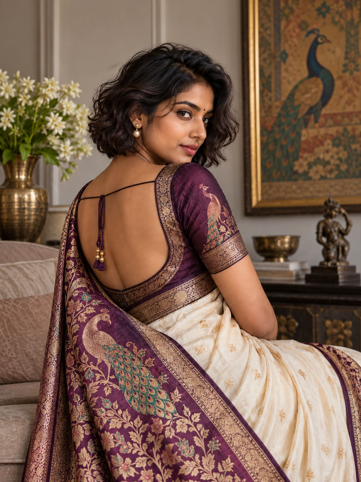 A woman seated with her back to the camera in an ivory saree with a purple peacock pallu, looking over her shoulder