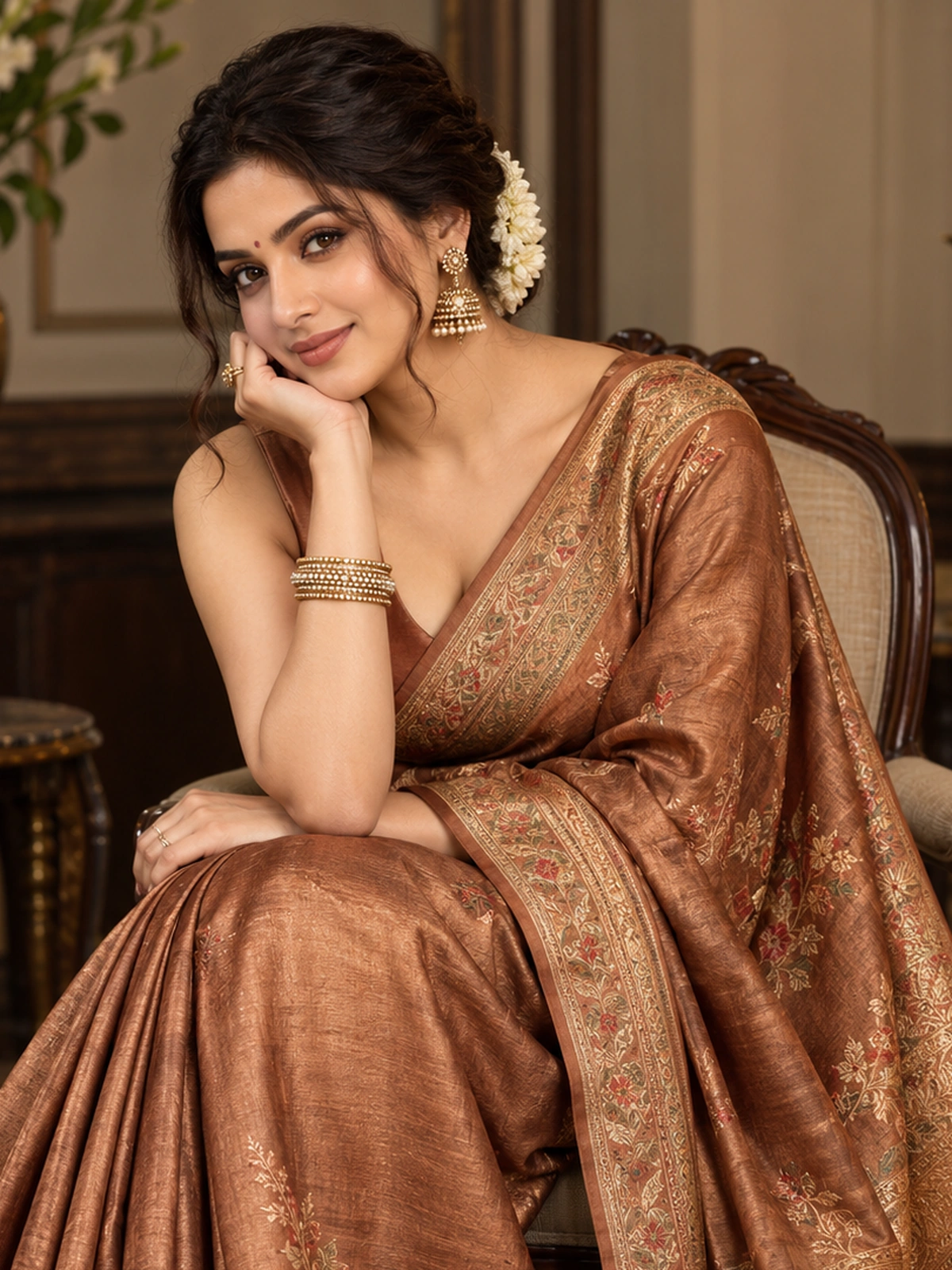 A woman in a copper-toned saree seated in a chair, resting her cheek on her hand