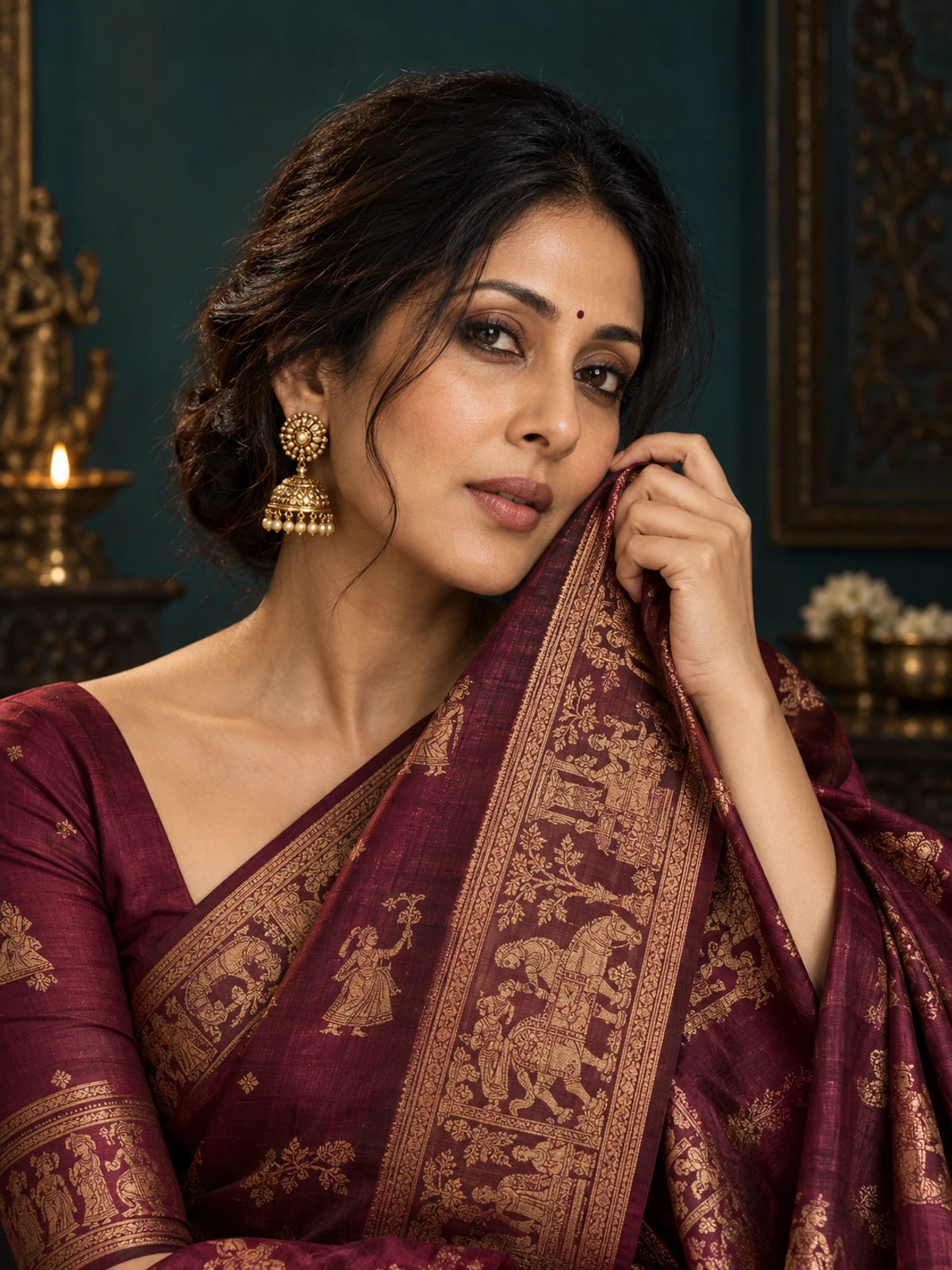 A woman in a wine-coloured saree with a gold figured border holding the pallu against her cheek