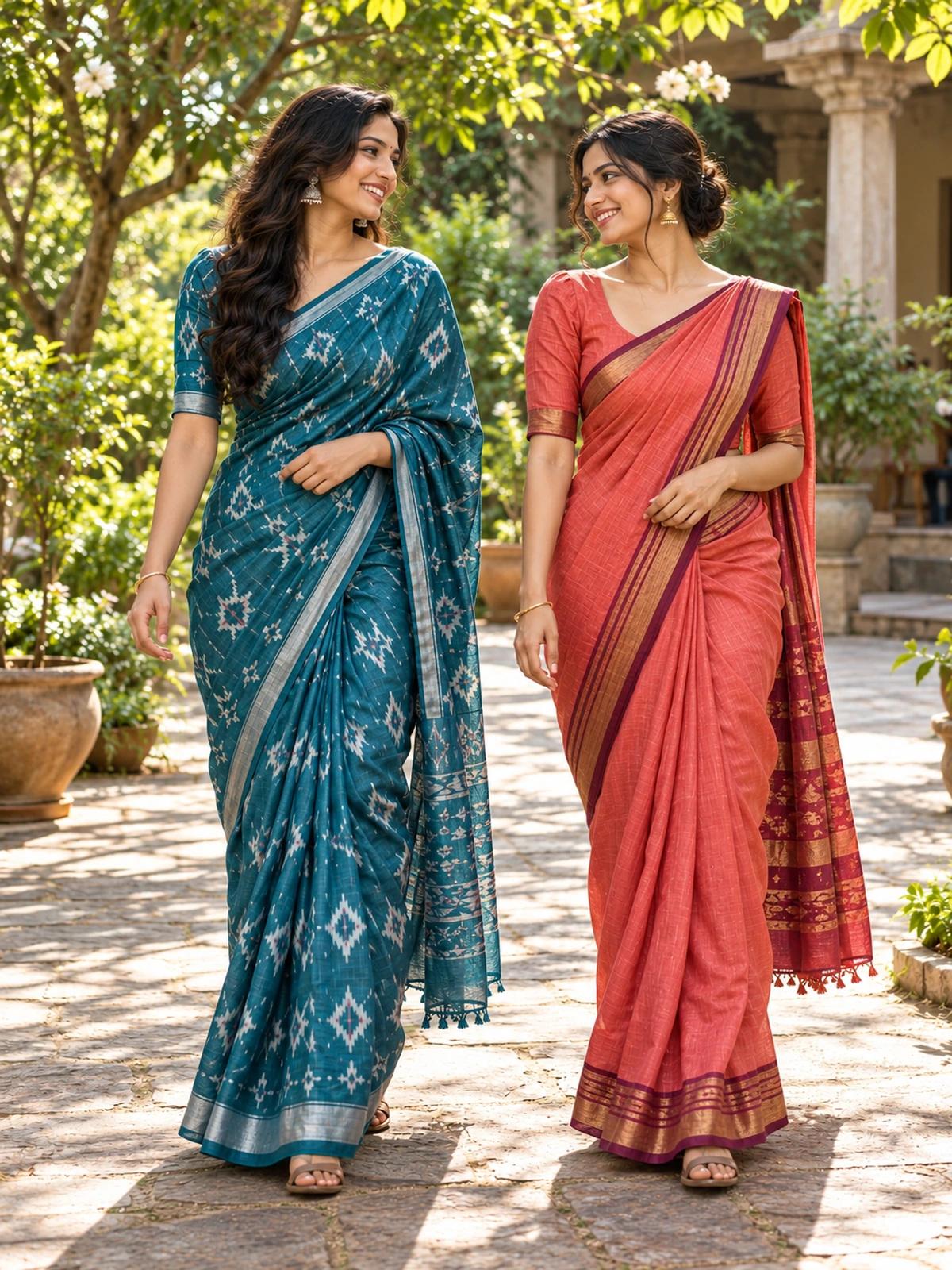 Two women in teal ikat-style and coral sarees walking together and laughing in a sunlit courtyard