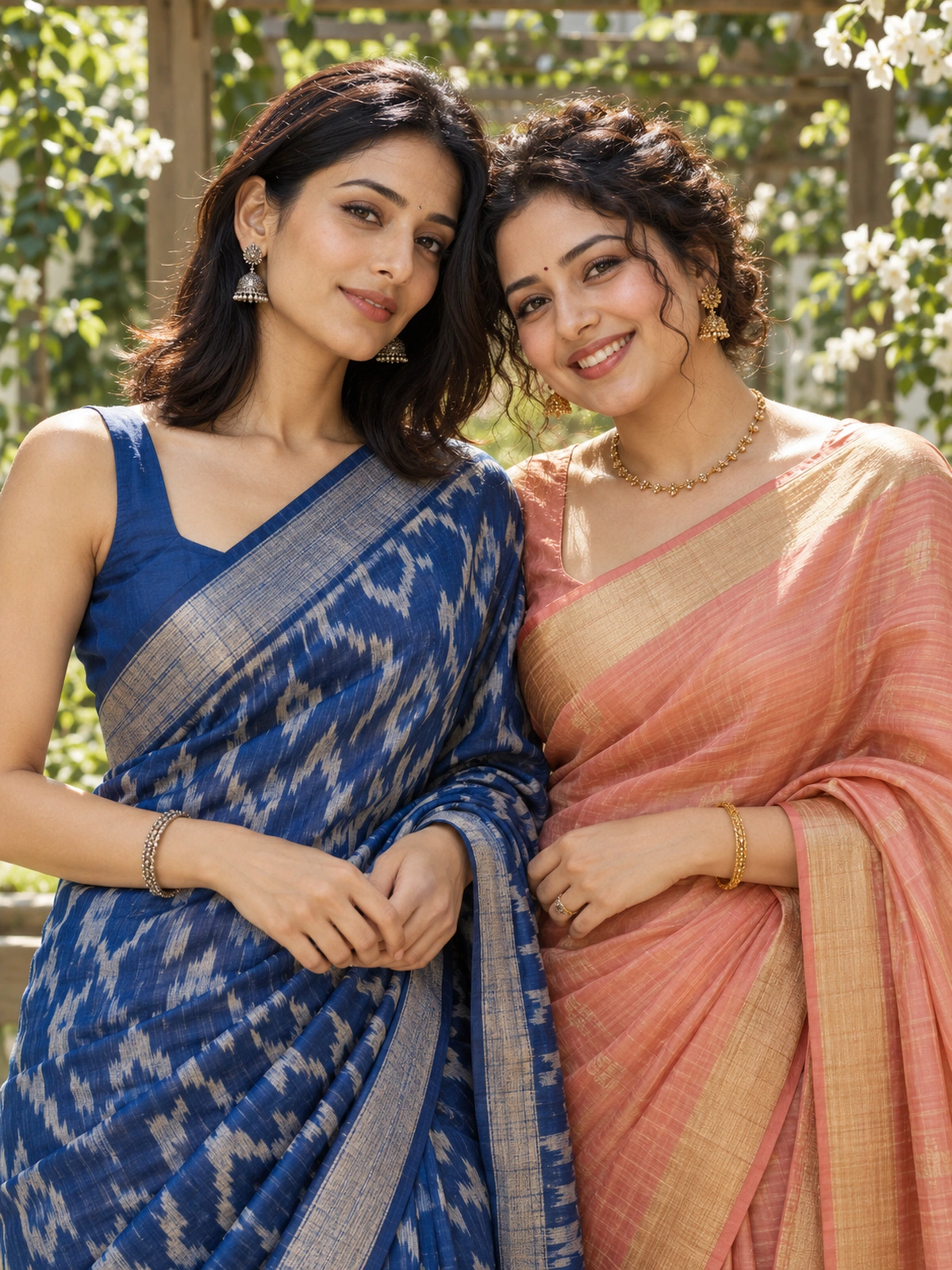 Two women in blue ikat-style and peach sarees standing shoulder to shoulder, heads tilted together