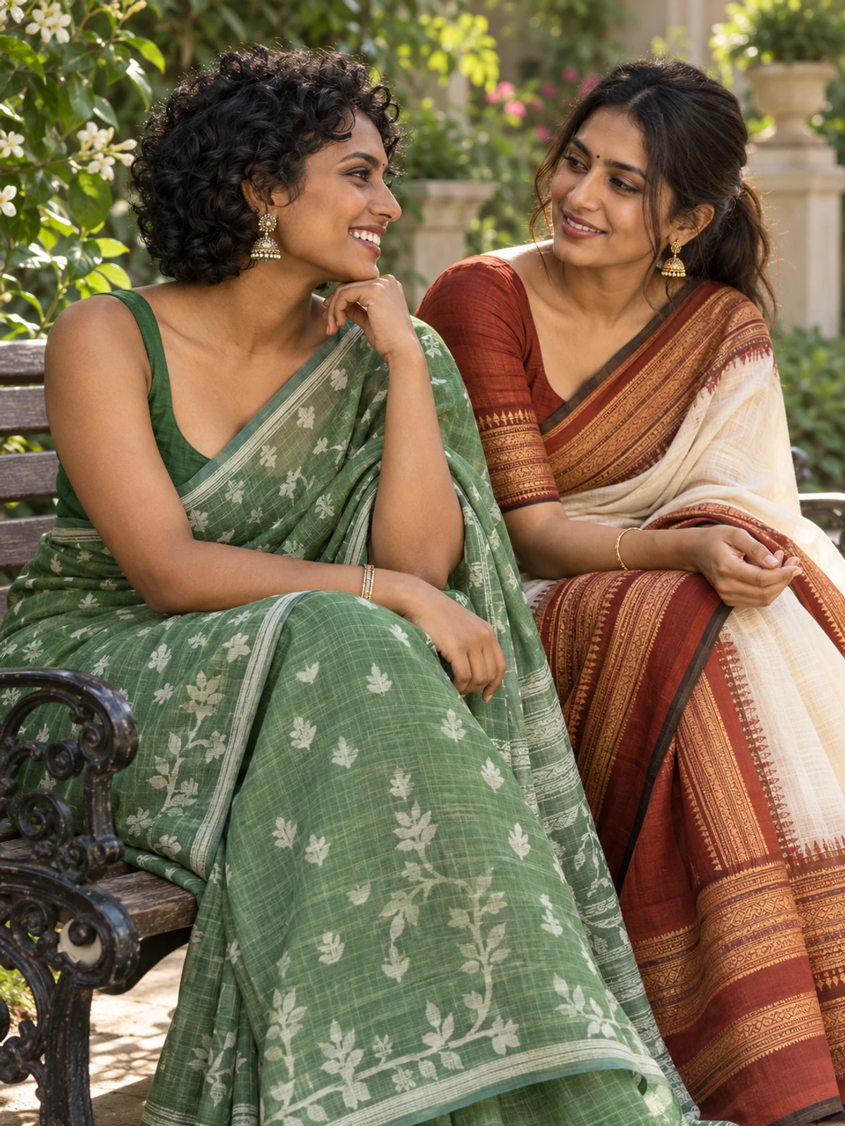 Two women in green and rust sarees sitting on a garden bench, laughing together
