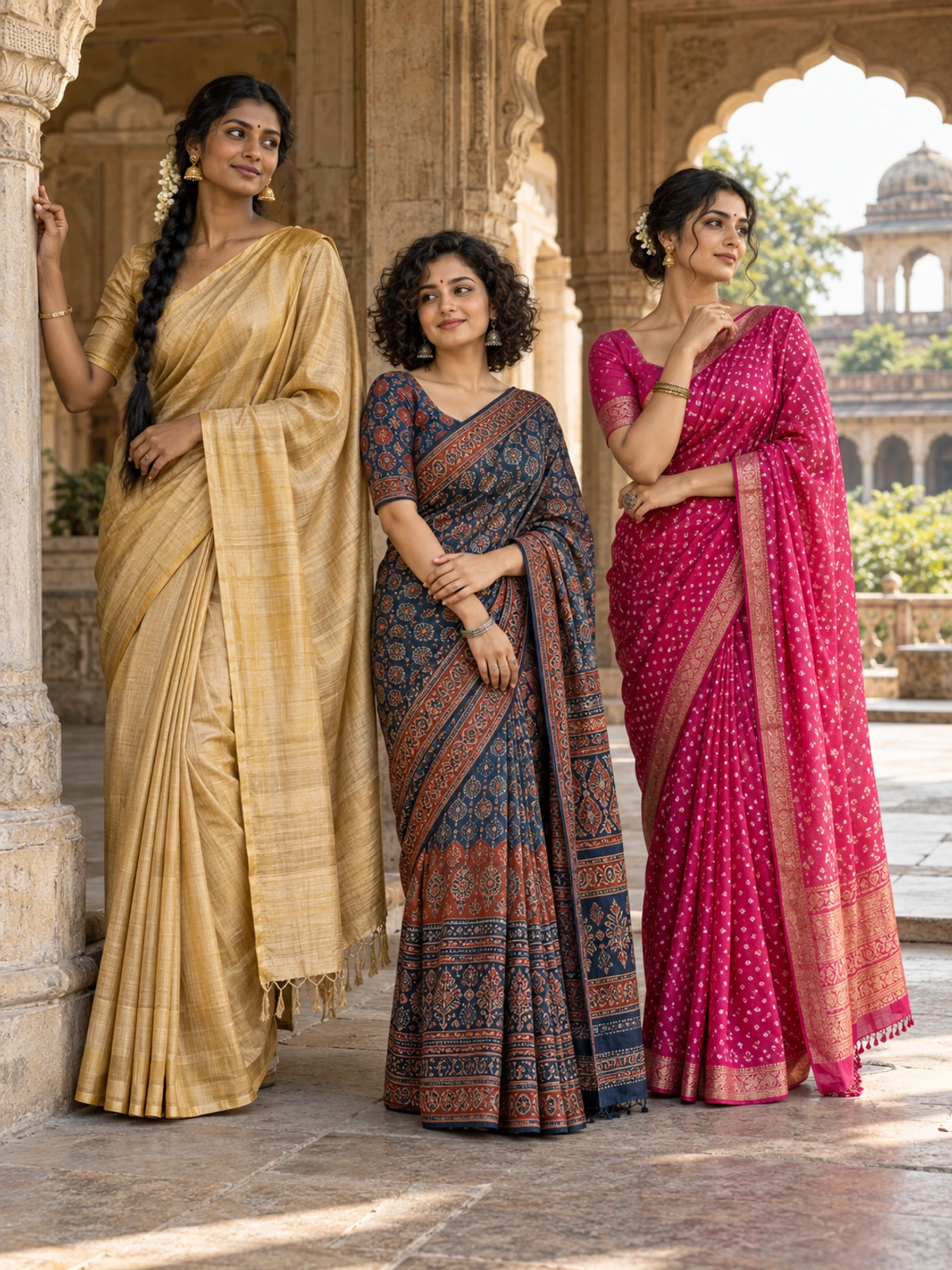 Three women in gold, indigo block-print and pink bandhani-style sarees posed beneath a carved stone arch