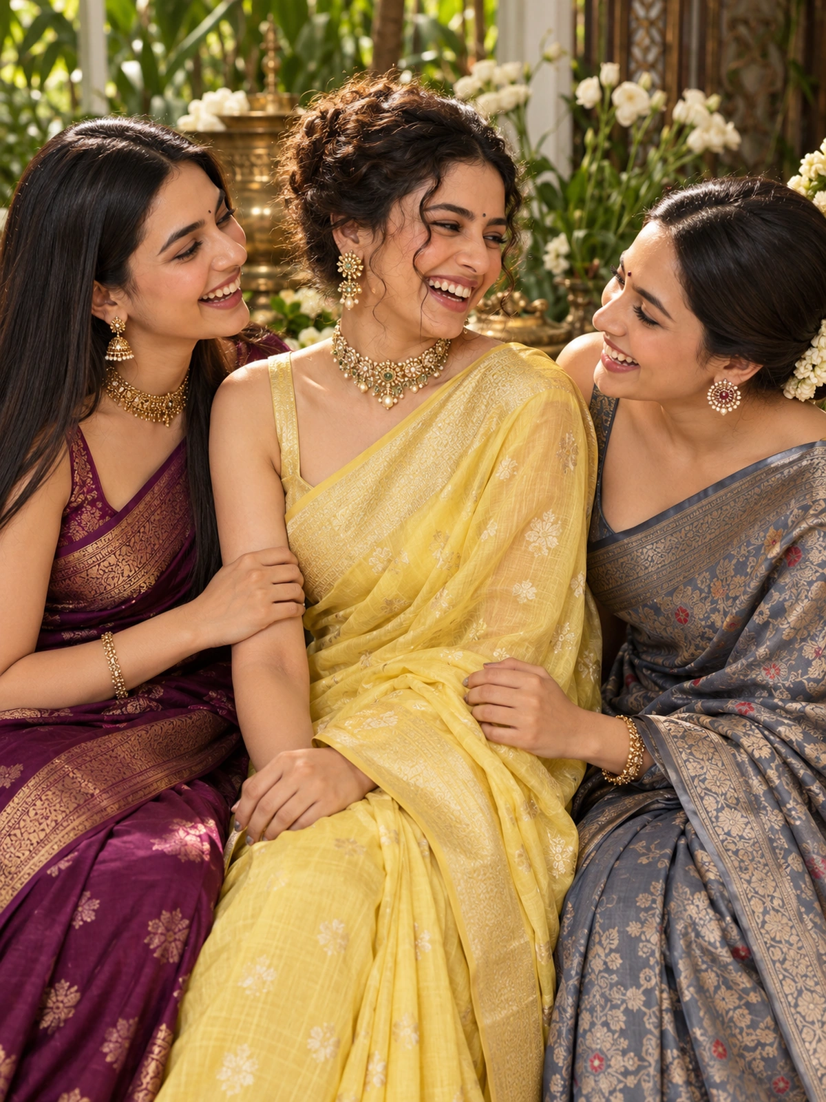 Three women in plum, yellow and grey sarees sitting close together and laughing