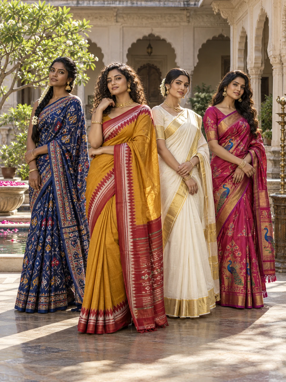 Four women in blue ikat-style, mustard, ivory and pink peacock-pallu sarees standing in a line across a courtyard