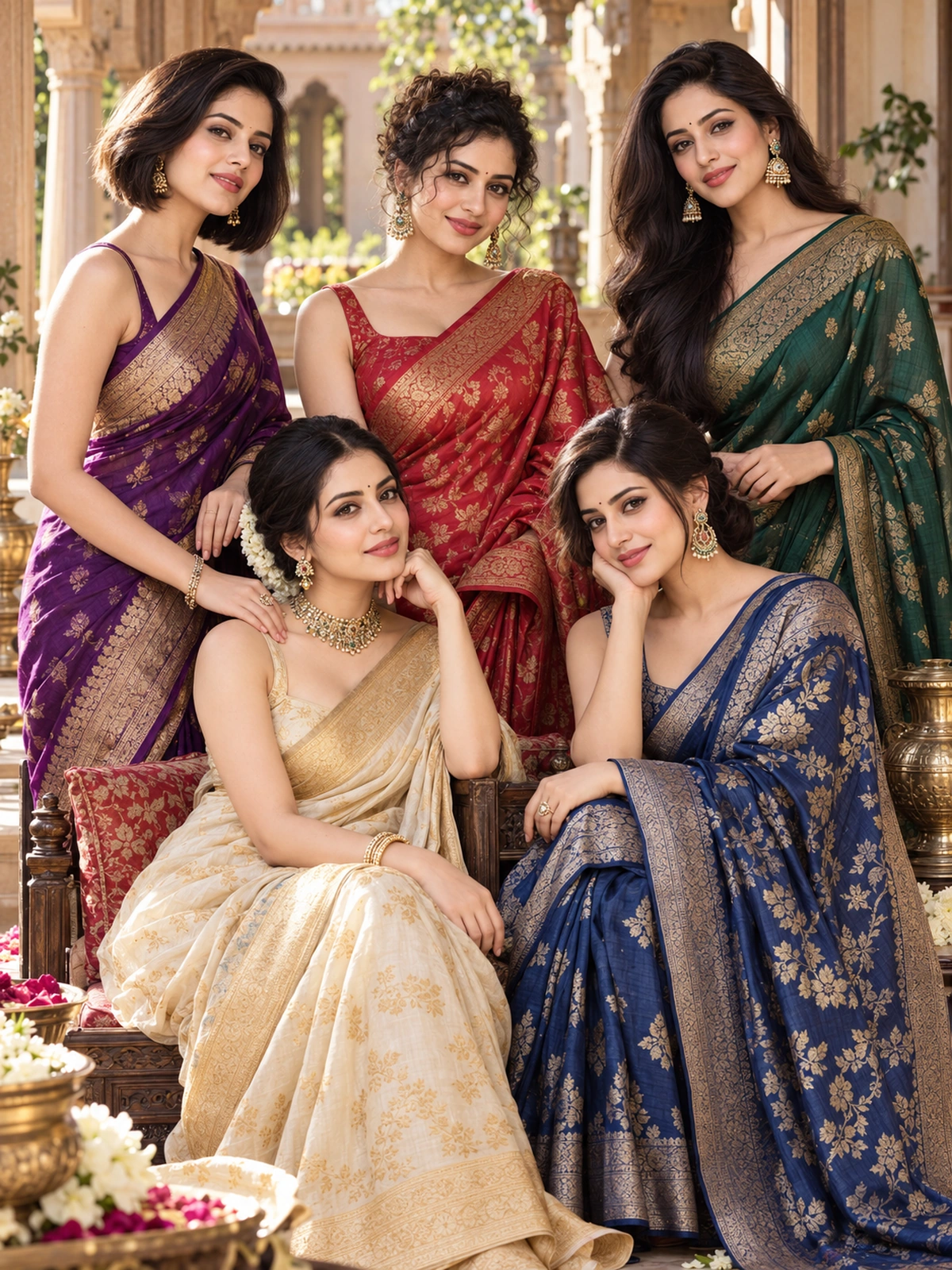 Five women in purple, red, green, ivory and blue sarees, three standing behind two seated