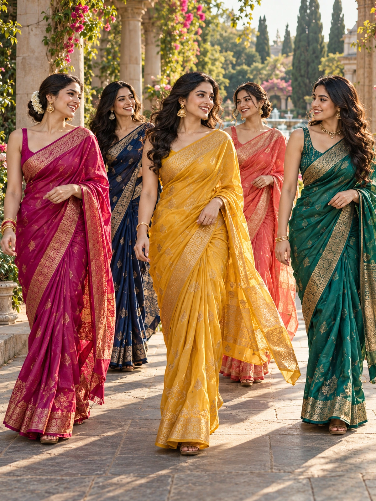 Five women in magenta, navy, yellow, coral and green sarees walking together along a garden path
