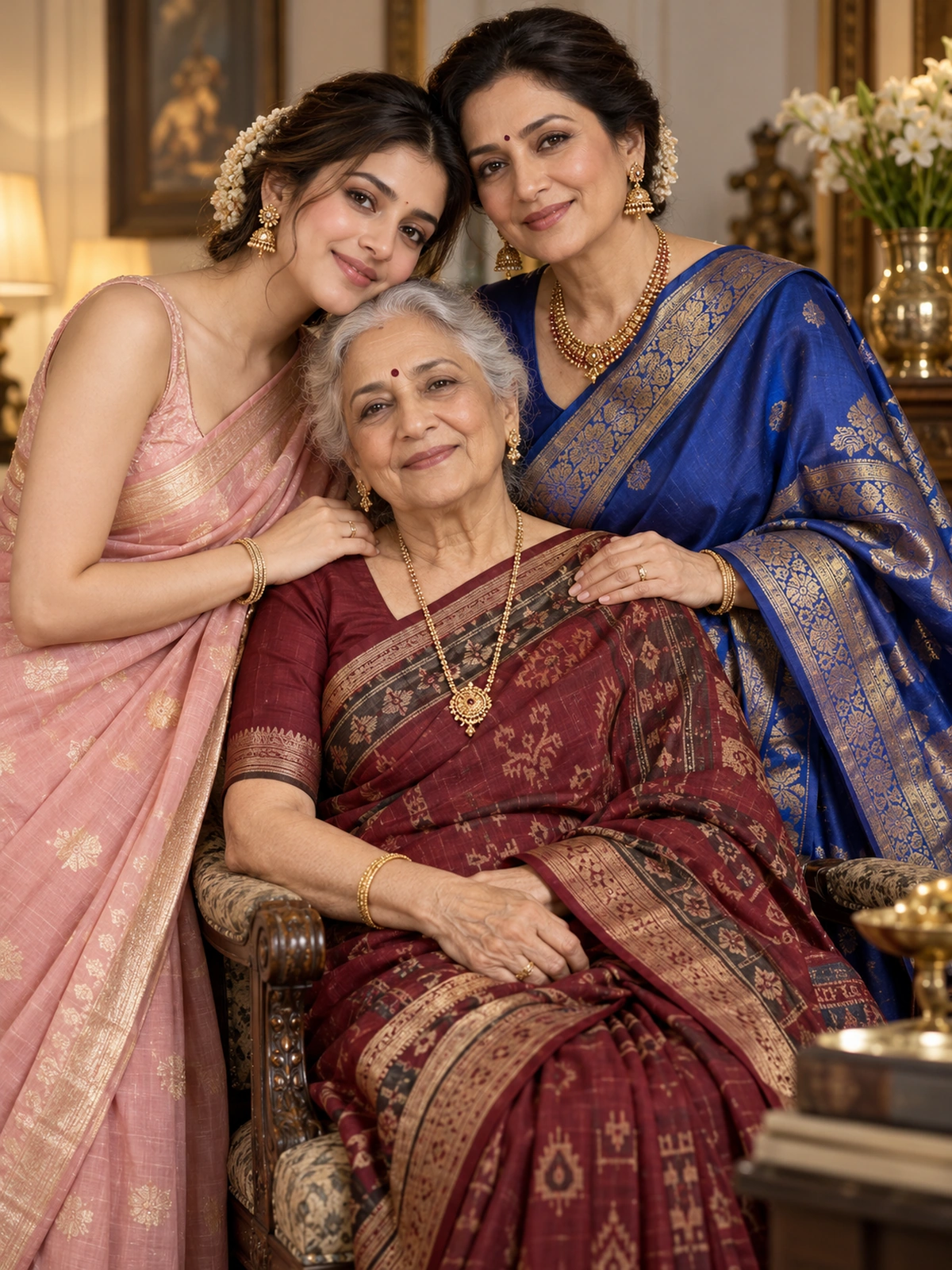 Three generations of women: an elder seated in a maroon saree, with two younger women leaning in beside her