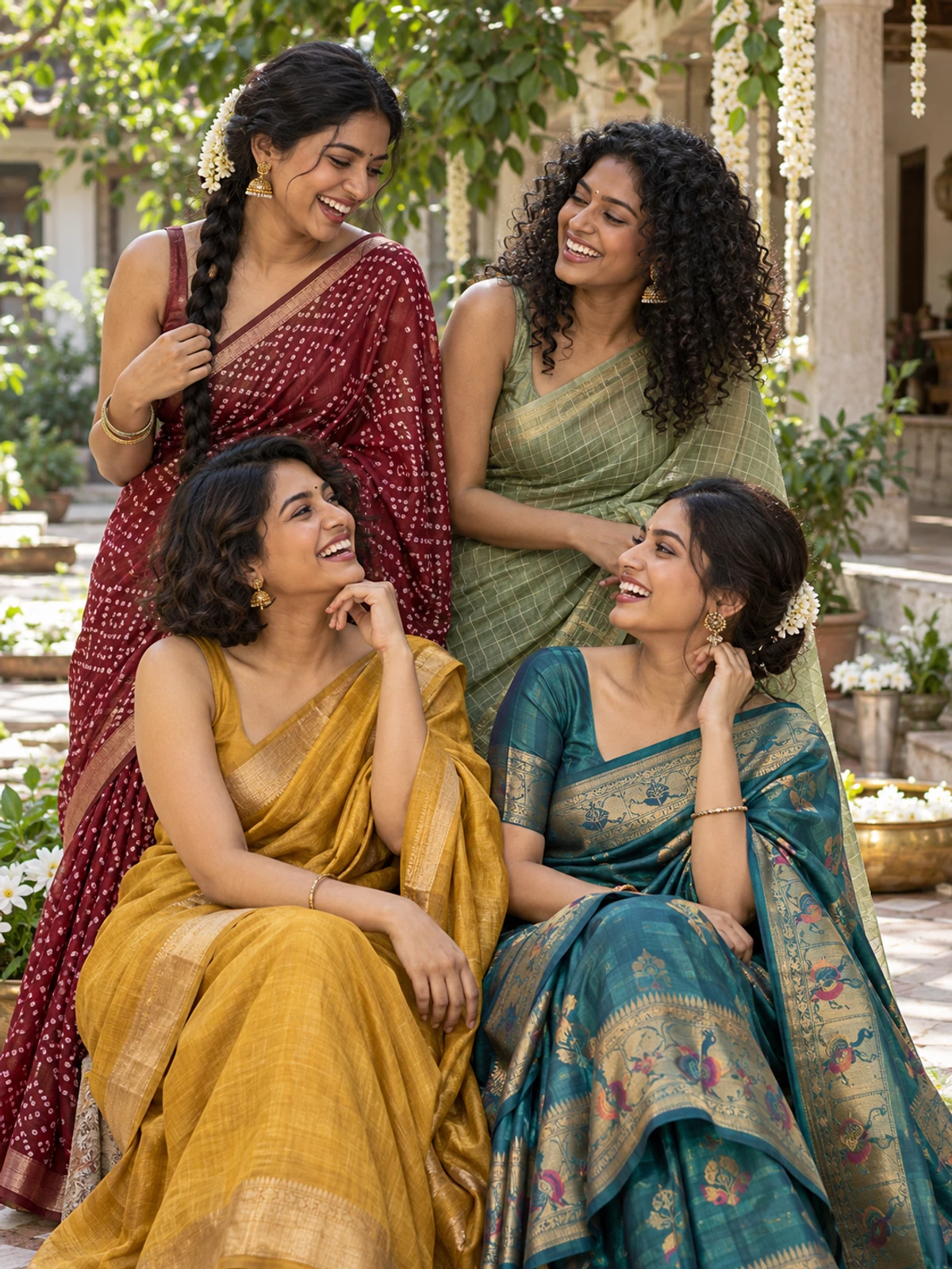 Four women in maroon, green, yellow and teal sarees laughing together, two seated and two standing