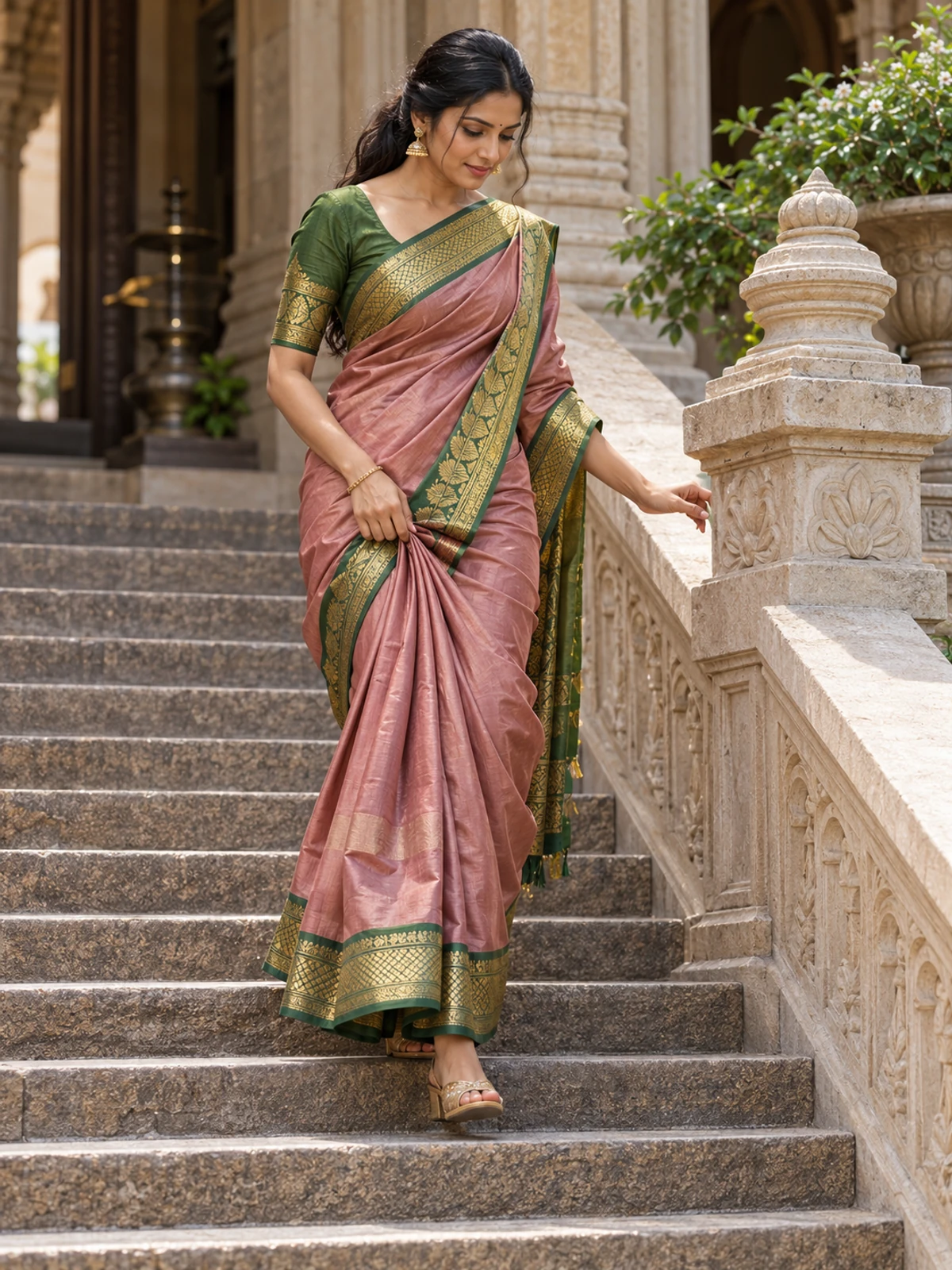 A woman in a pink saree with a green and gold border walking down stone steps, lifting her pleats