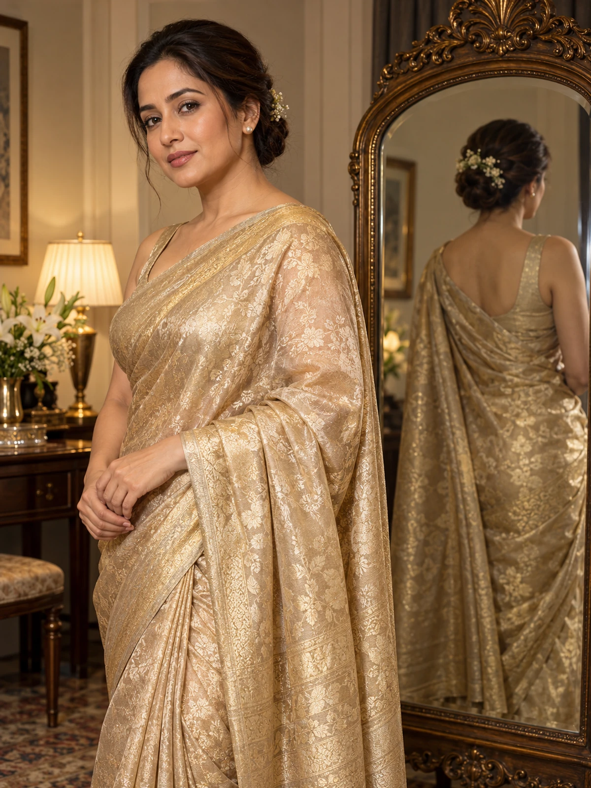 A woman in a gold tissue-look saree standing beside a mirror that reflects her back and pallu