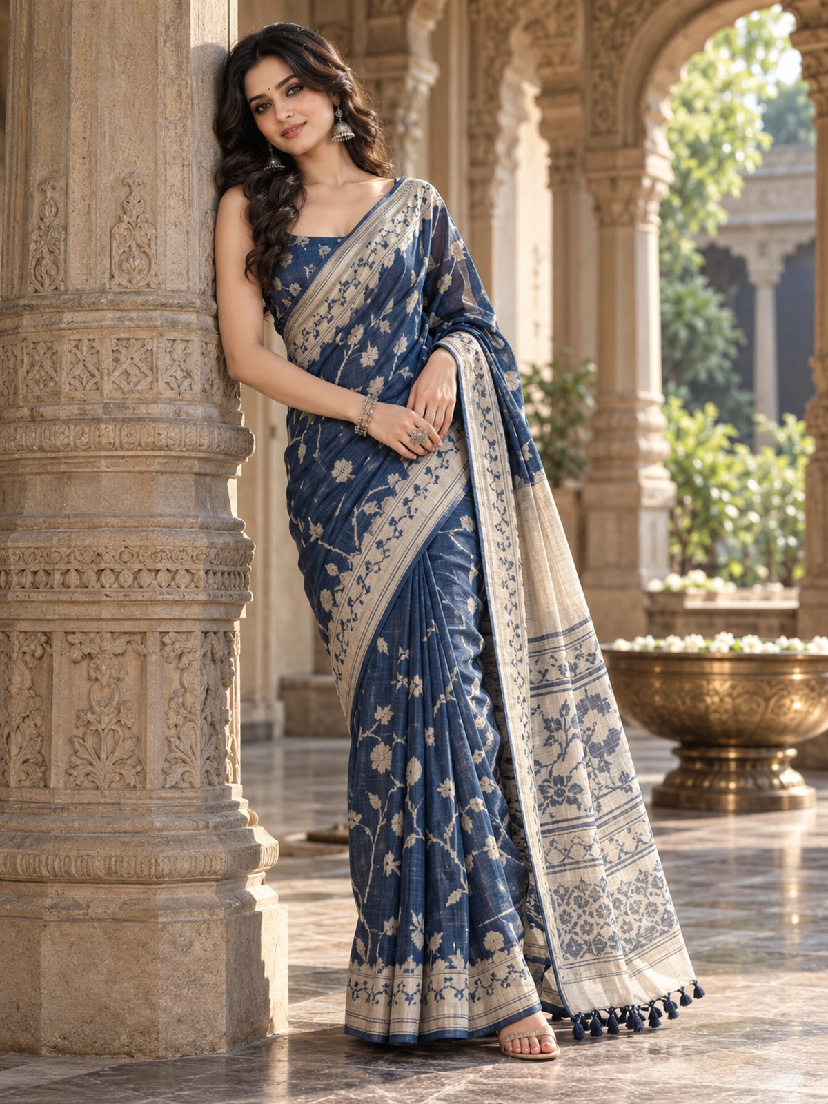 A woman in a blue and ivory saree leaning against a carved stone pillar