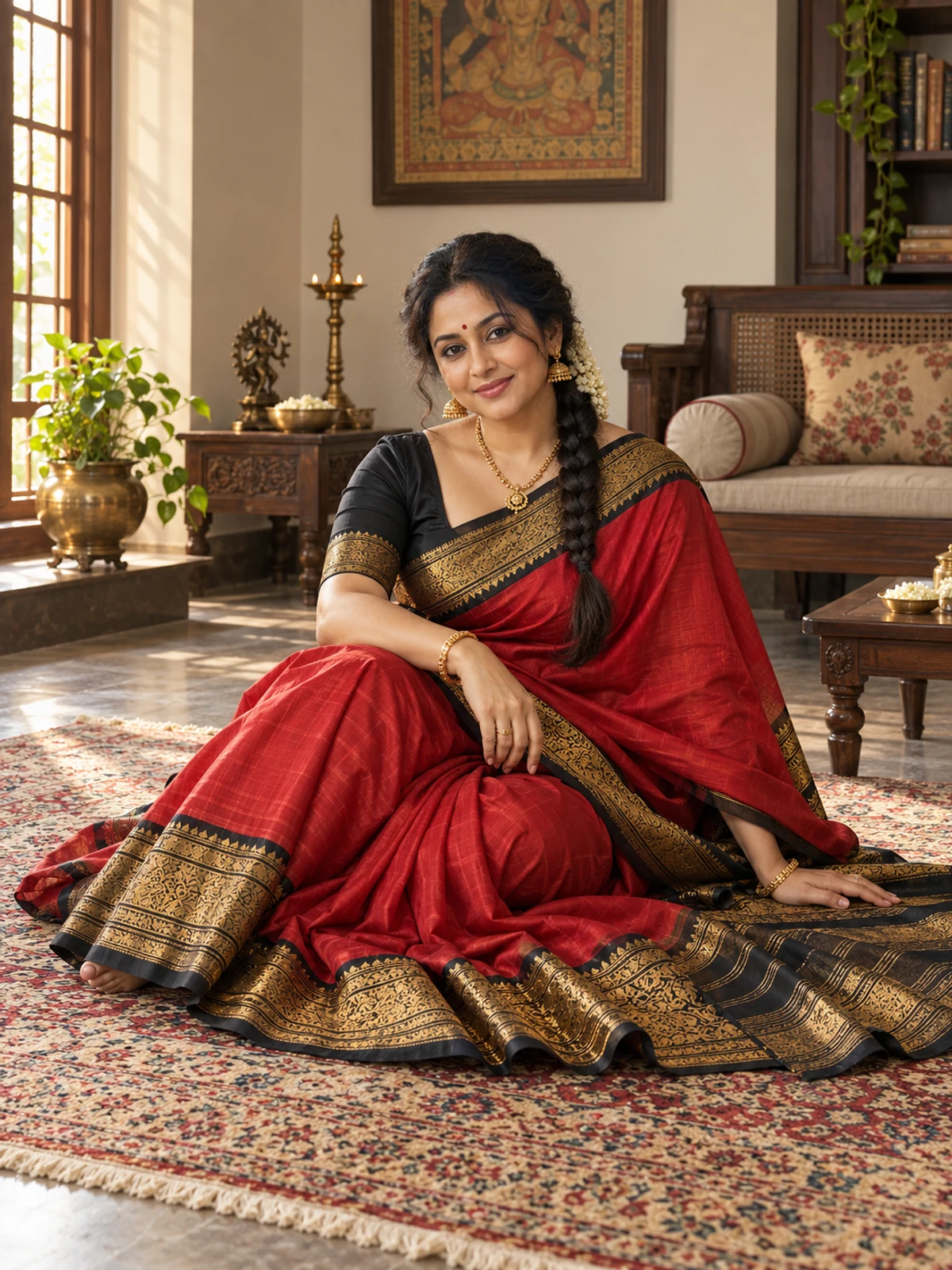 A woman seated on a patterned rug in a red saree with a black and gold border fanned around her