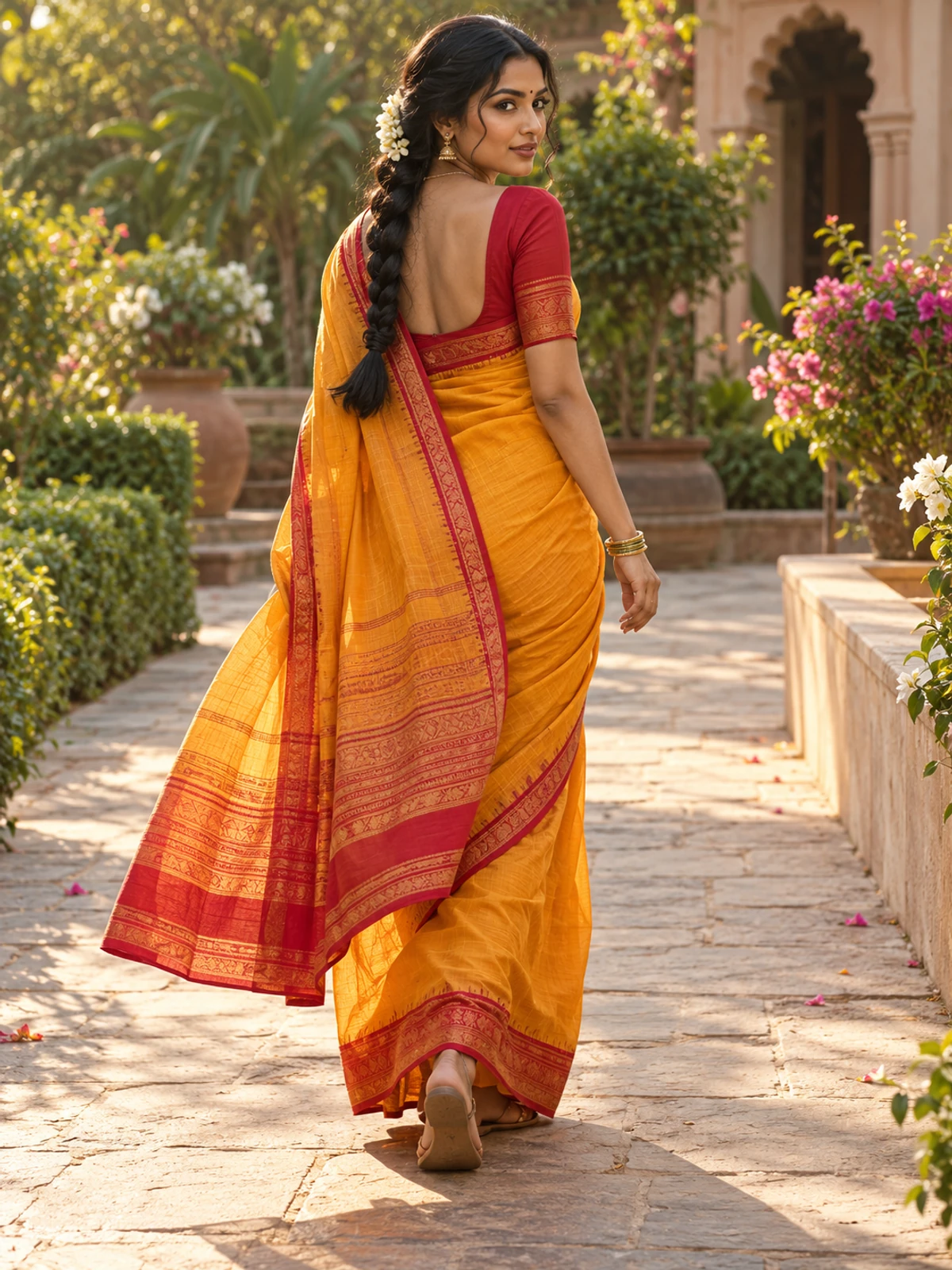 A woman in a marigold saree with a red border walking away along a garden path and glancing back