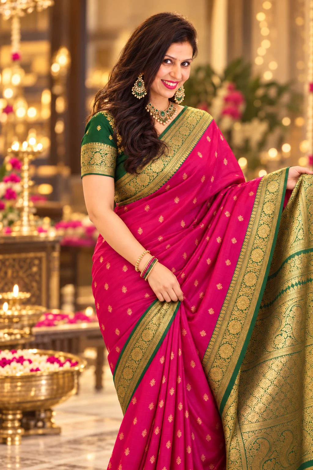 A smiling woman in a magenta silk saree with an emerald-and-gold zari border, holding out its richly woven pallu